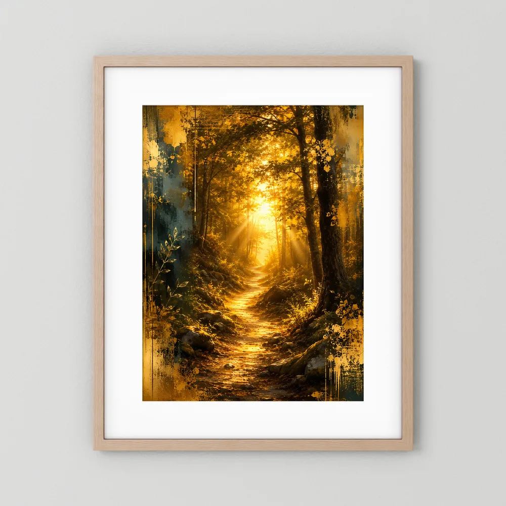 Wandposter Waldweg mit Sonnenlicht, beige-brauner Rahmen mit weißem Passepartout