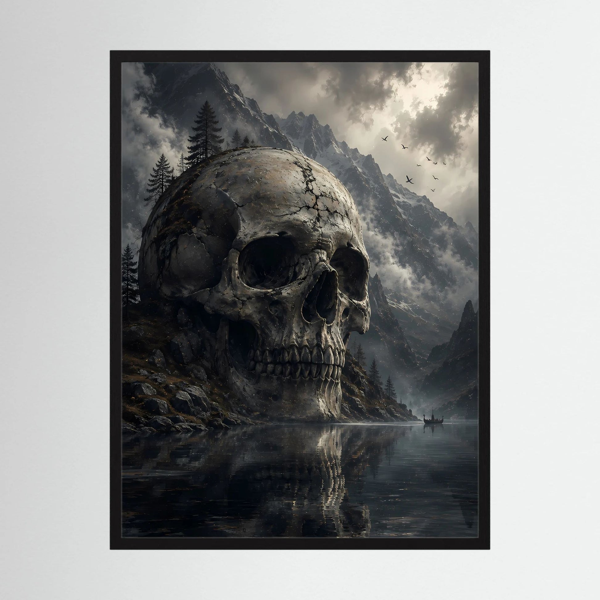 Poster mit großem Totenkopf über Bergsee und rauen Bergen, düsteres Fantasy-Motiv.