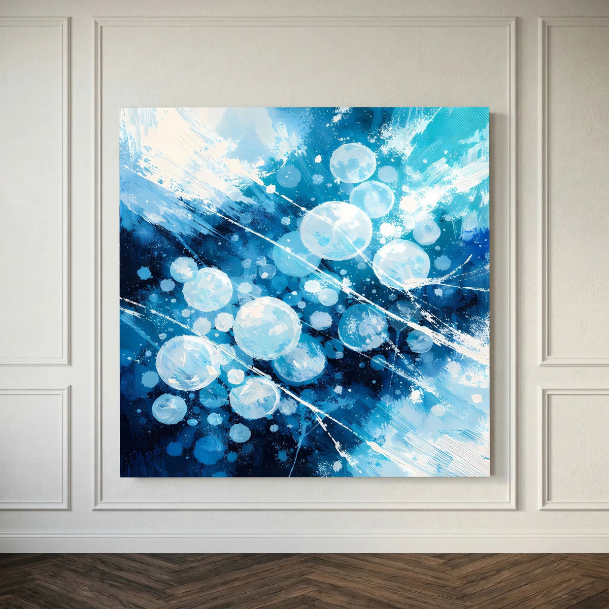 Quadratisches Leinwand-Wandbild im Detail: blaue Eisblasen, weiße Kreise, dunkler Grund.