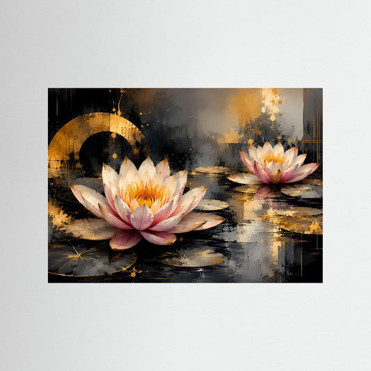 Lotusblüten-Poster mit drei Seerosen in Rosa und Gold, schwarzer Rahmen