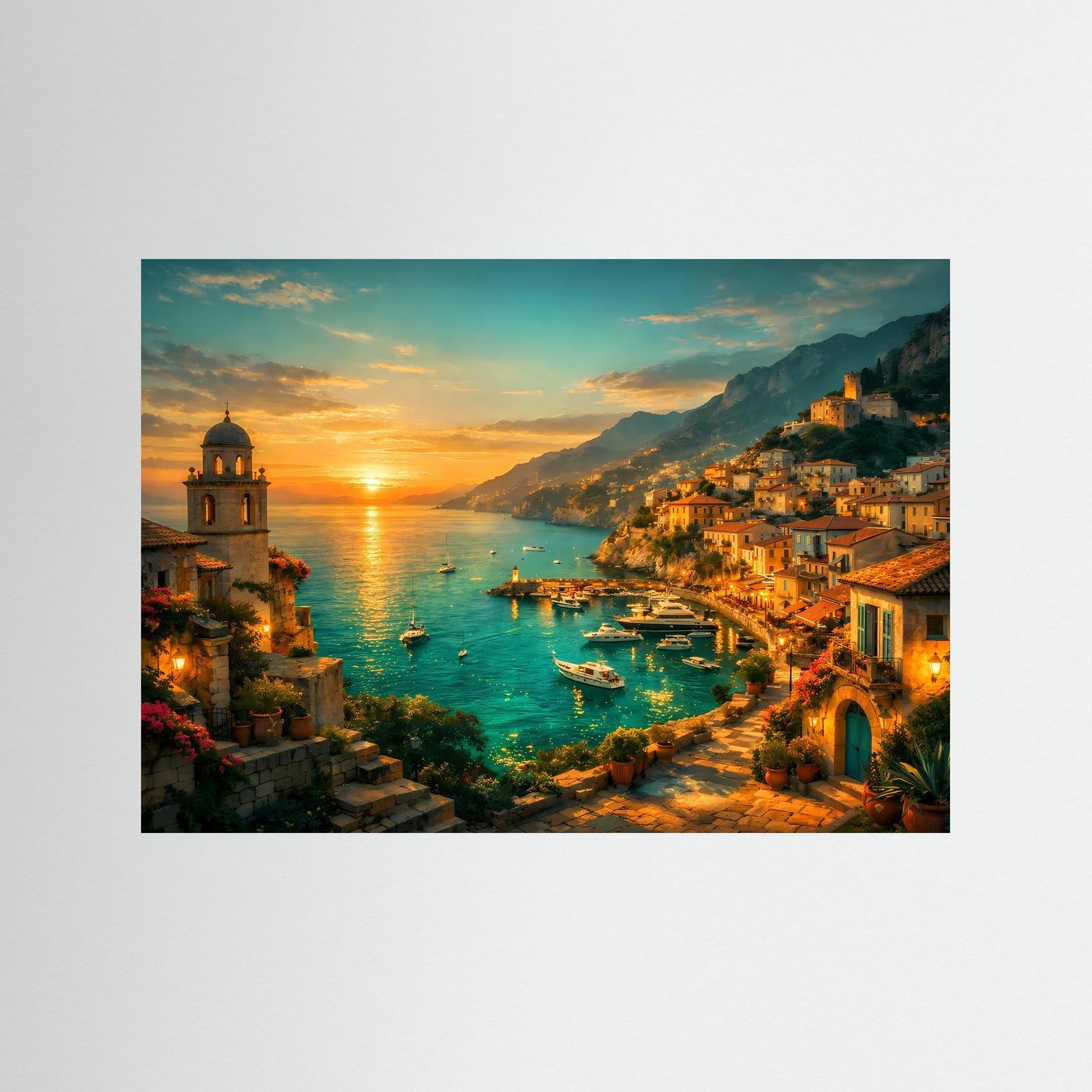 Wandposter mit Sonnenuntergang über dem Meer und Küstenstadt, dunkler Rahmen