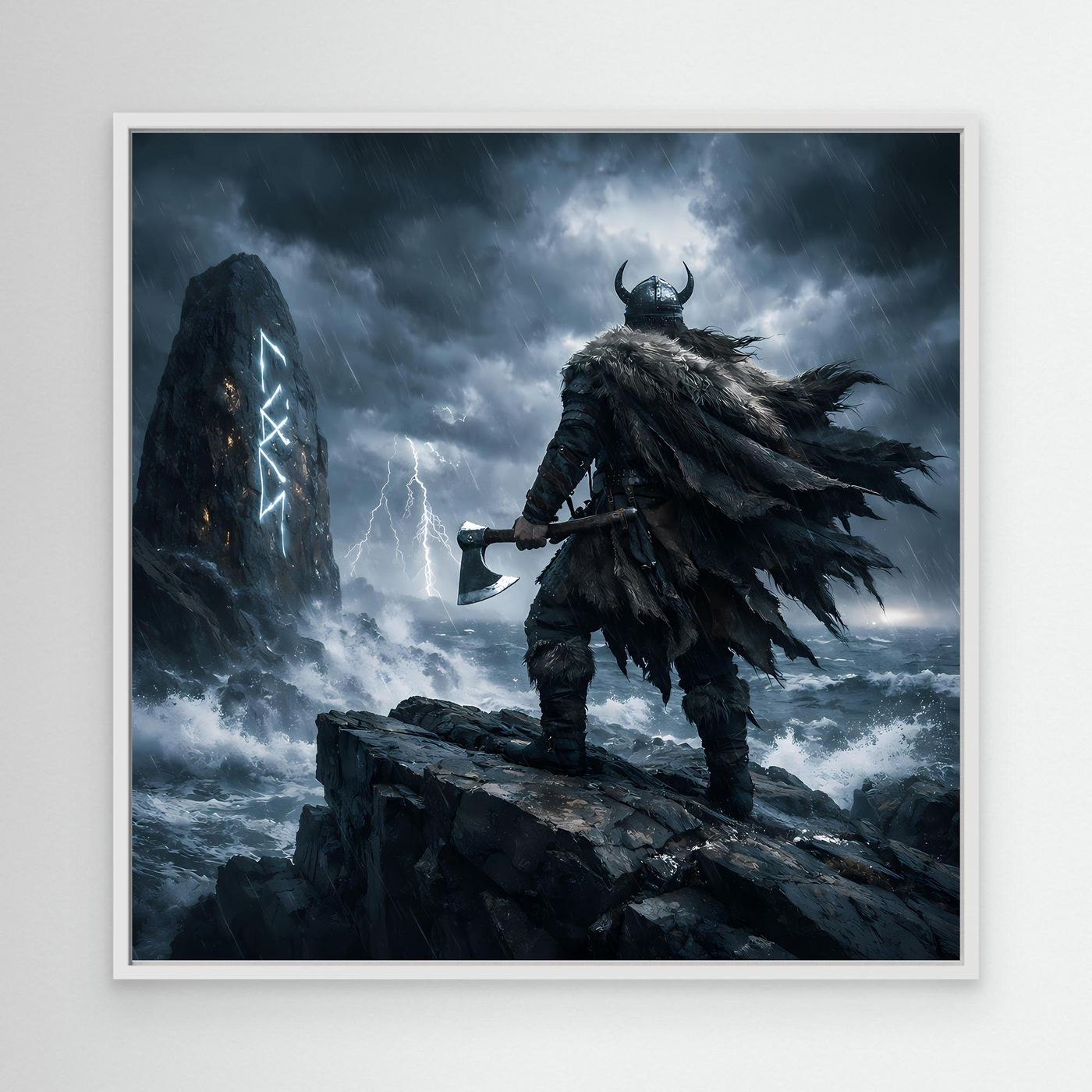 Leinwand Mystischer Wikinger am Runenstein | Abstraktes Nordisches Gewitter Wandbild