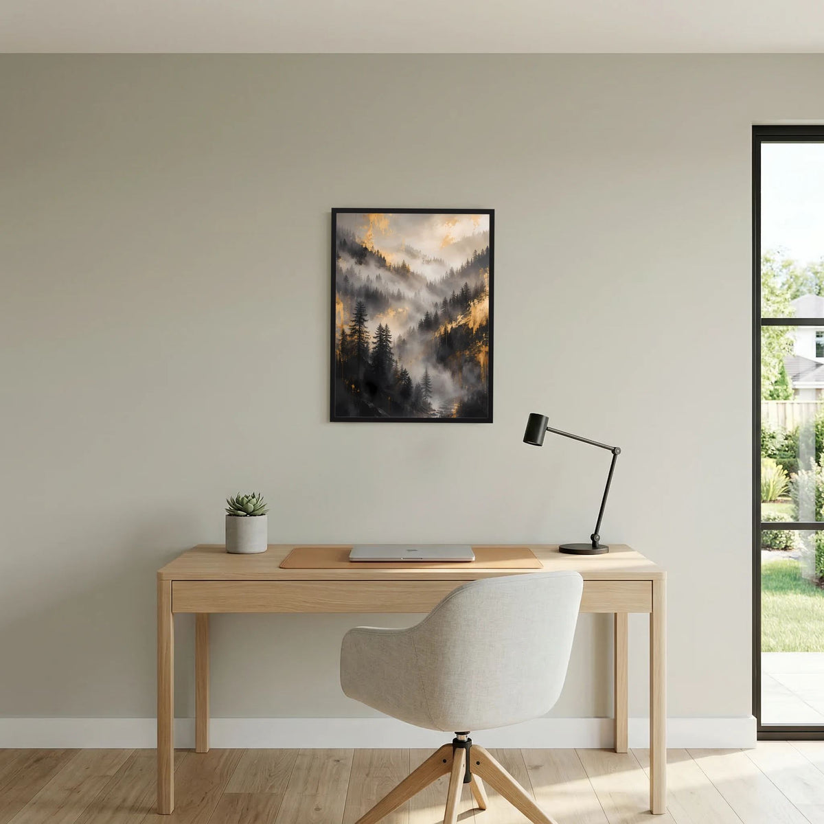 Poster im Hochformat mit schwarzem Rahmen: Bergnebel mit Tannen und goldenen Sonnenstrahlen