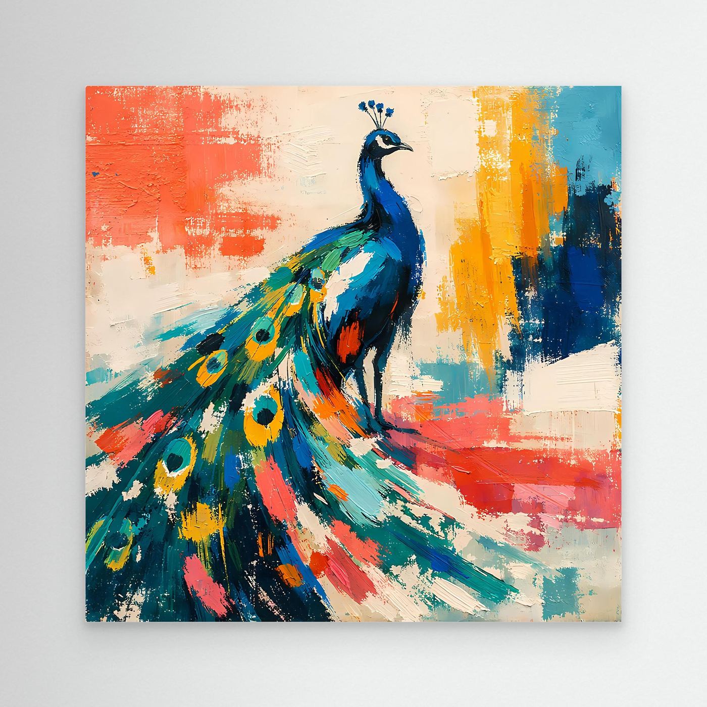 Peacock abstract wall canvas art with blue bird and colorful brushstroke tail