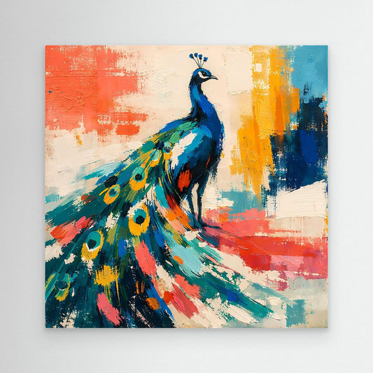 Peacock abstract wall canvas art with blue bird and colorful brushstroke tail