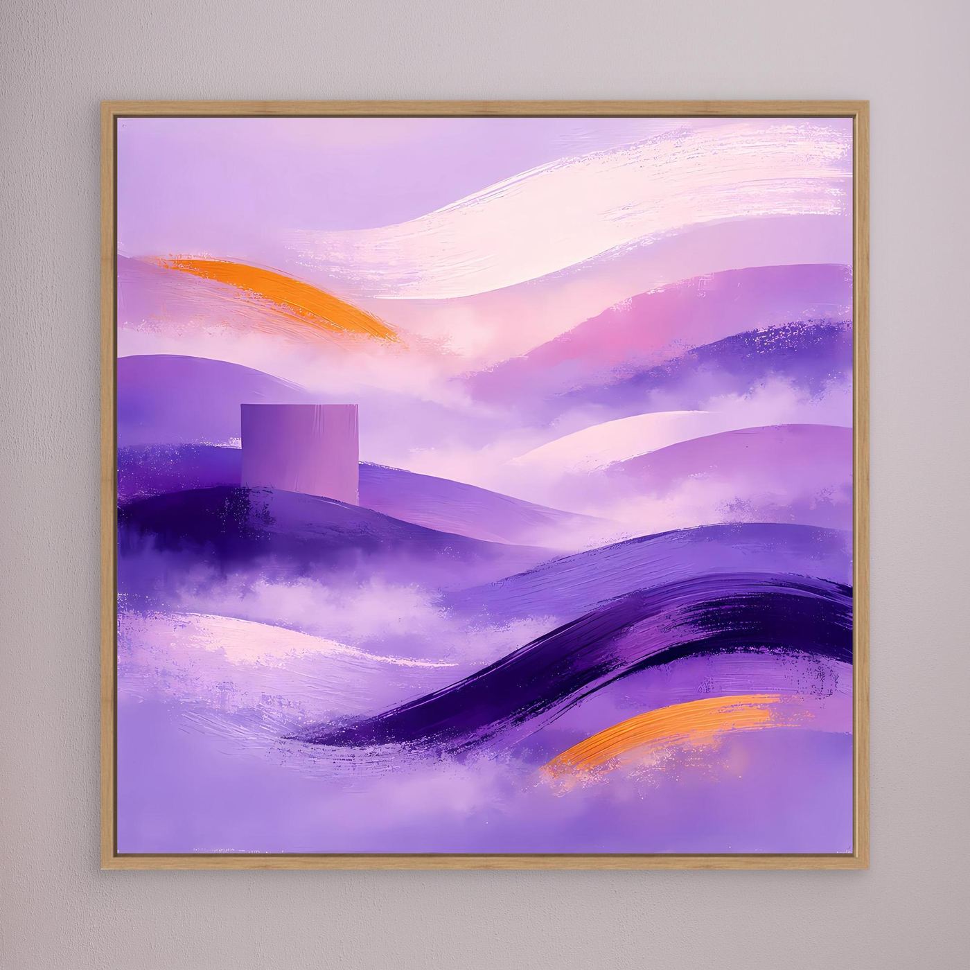 Quadratisches Leinwandbild mit abstrakter lila Berglandschaft, orange Akzenten, brauner Holzrahmen