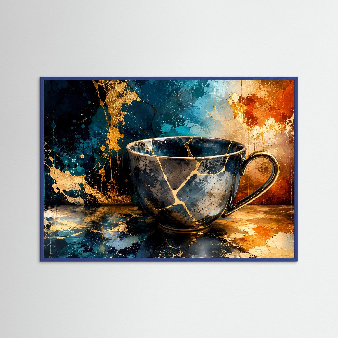 Kintsugi Tasse Poster Querformat | Moderne Japanische Wandkunst in Blau & Gold | Elegantes Stillleben Wandbild
