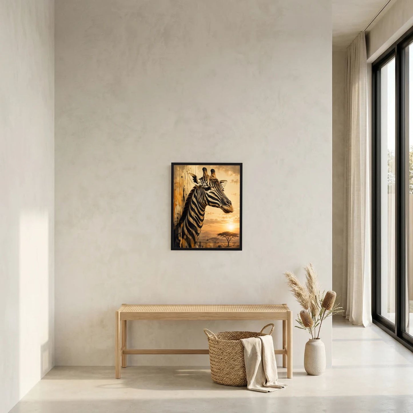 Giraffen-Tierposter im Zebra-Look, gerahmt in Schwarz, Blick auf die Giraffe