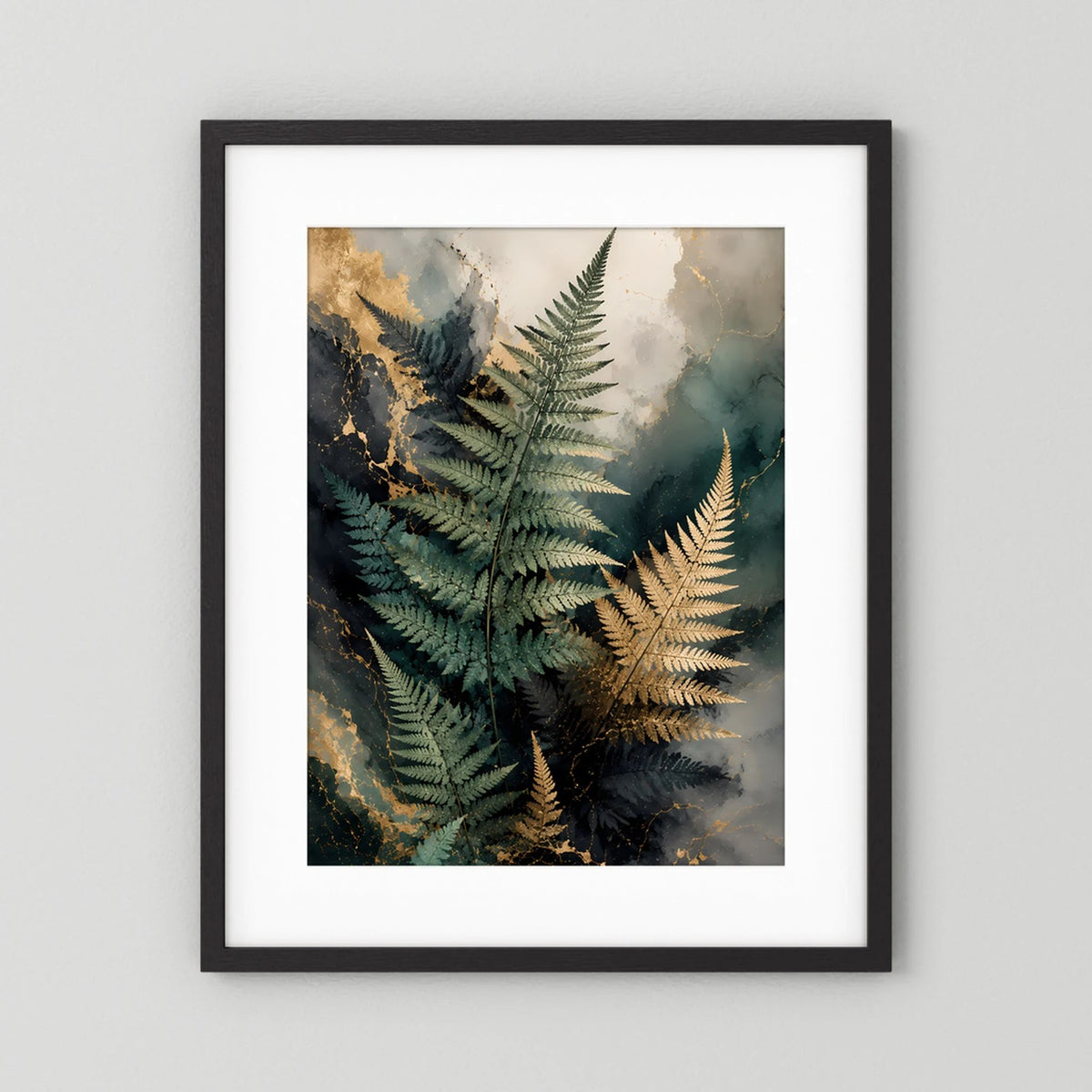 Edle Farnblätter in Grün & Gold | Botanische Kunst auf Marmoroptik | Poster Hochformat