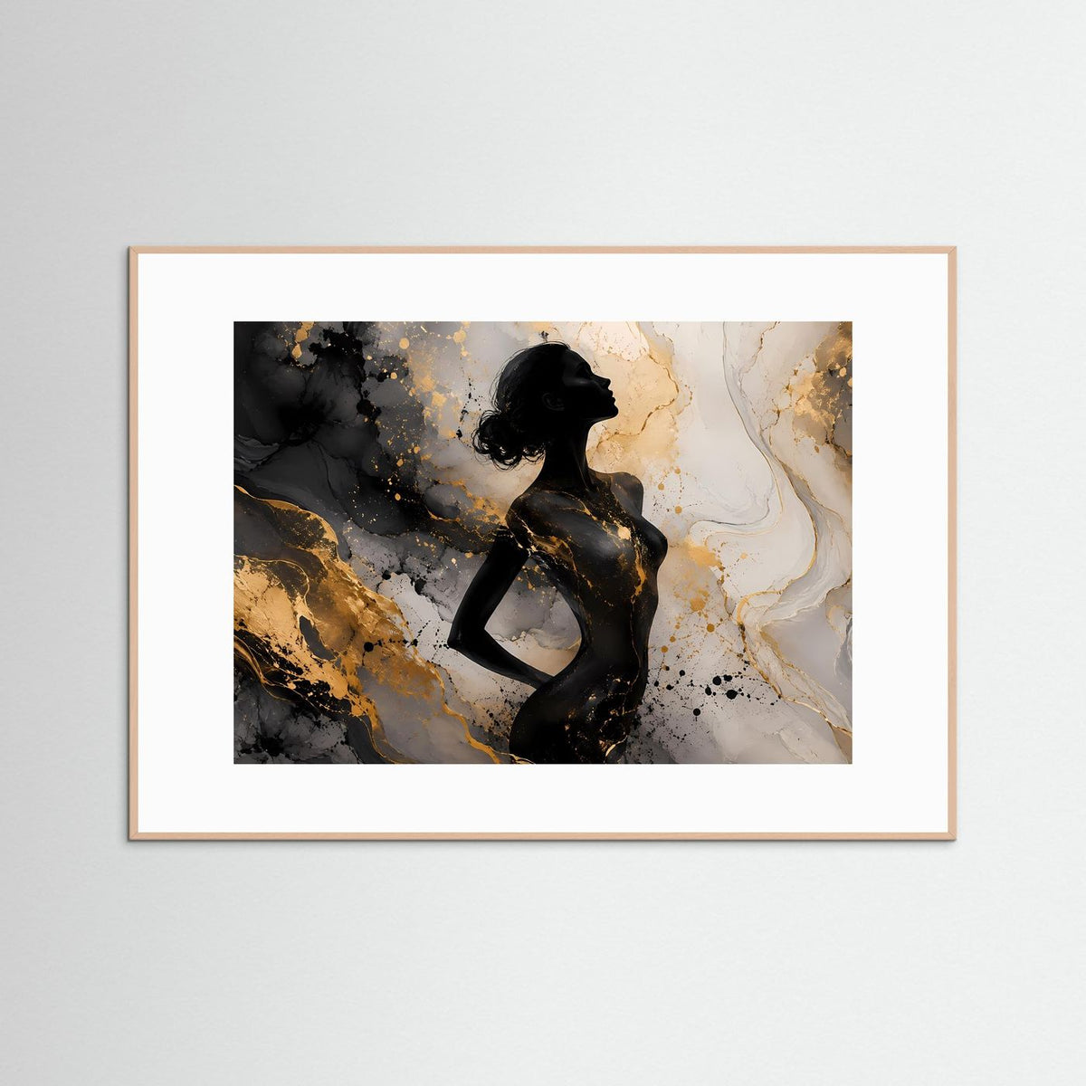 Wandbild mit abstrakter Frauensilhouette in Gold-Schwarz und Marmoreffekt, hellbraun gerahmt