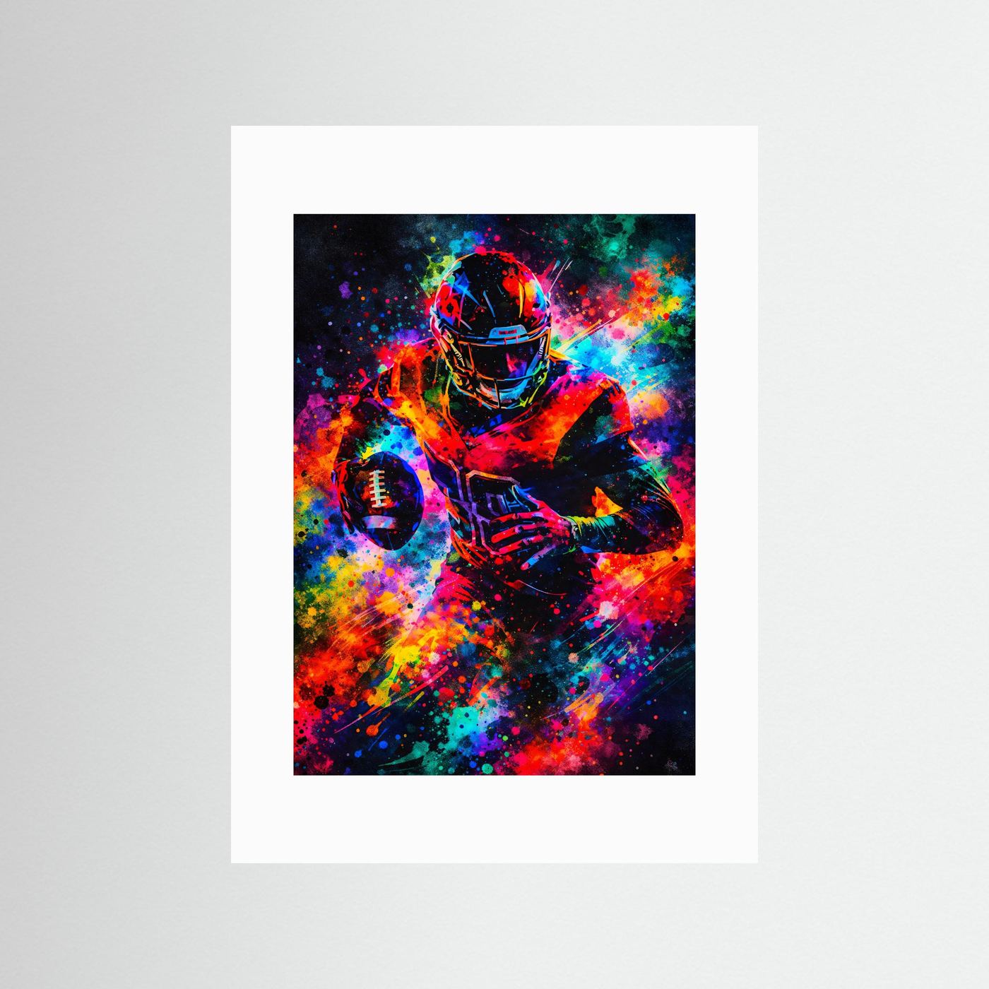 Neon-Footballposter ohne Rahmen mit weißem Rand: Spieler im Helm, Farbsprühbild, Hochformat