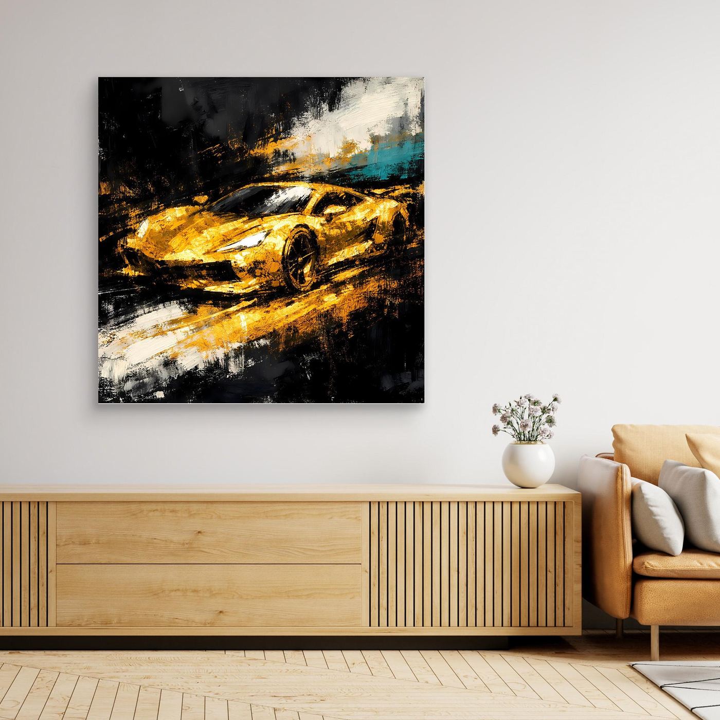 Leinwand Goldener Supersportwagen | Modernes Abstraktes Rennsport Wandbild