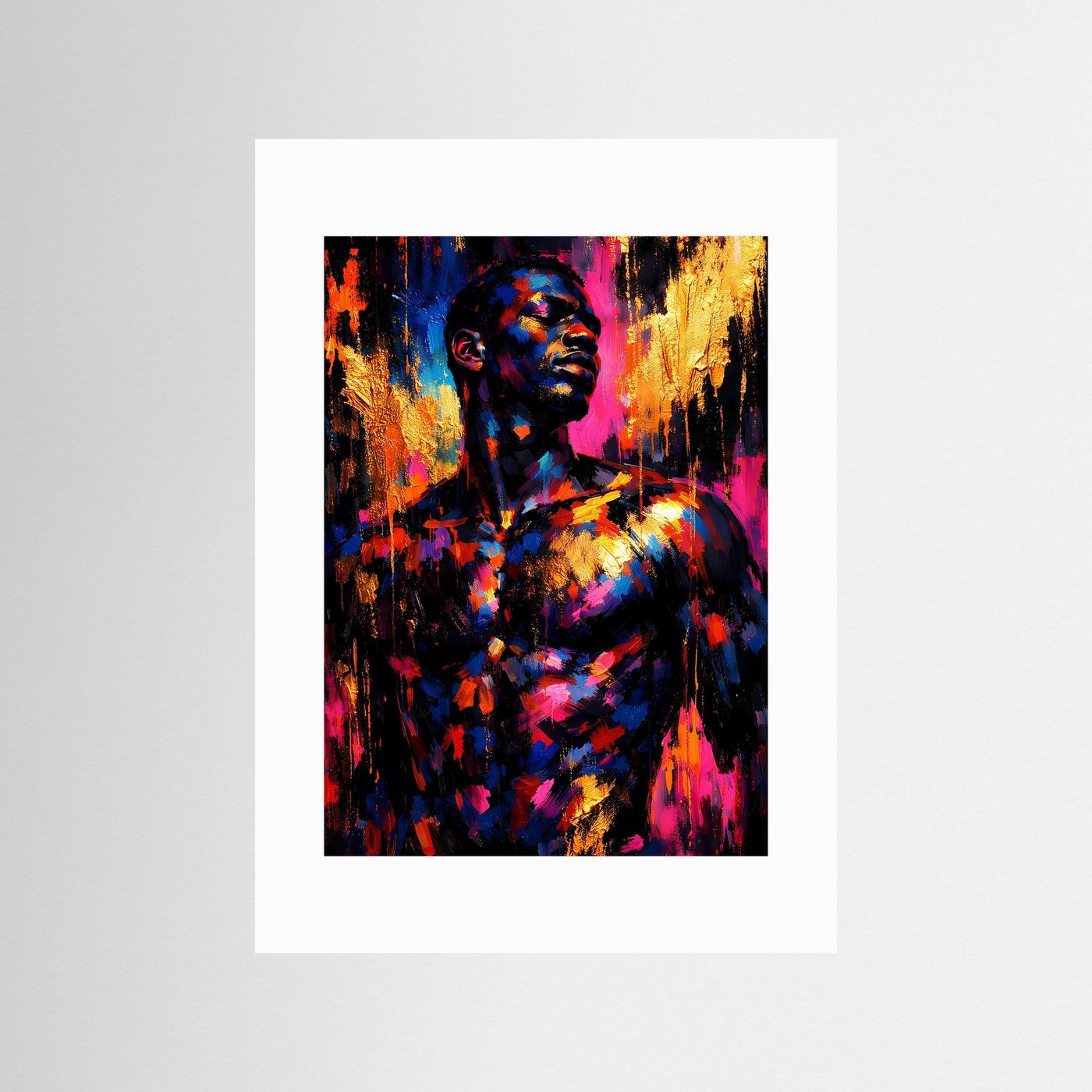 Abstraktes Kunstposter mit männlichem Porträt, Blau/Magenta/Gold, mit weißem Passepartout