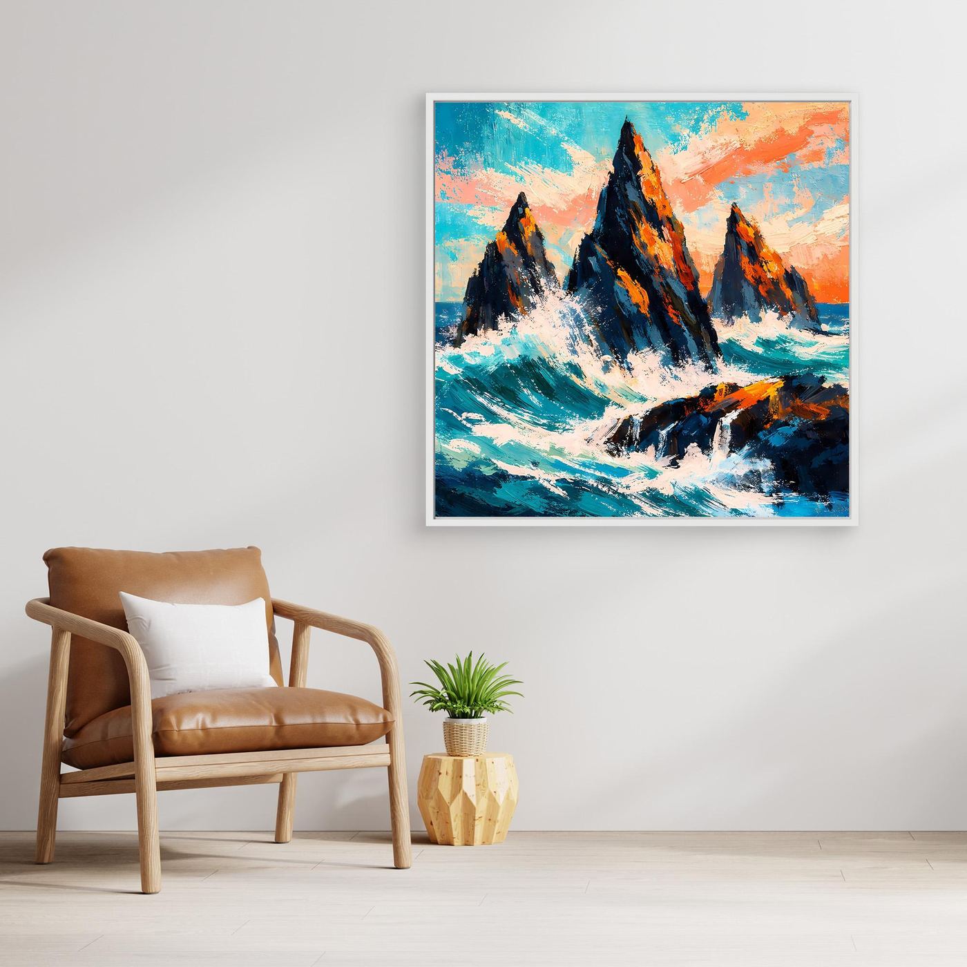 Gerahmtes Leinwand-Wandbild: Brandungswellen vor steilen Klippen, kräftige Blau- und Orangetöne