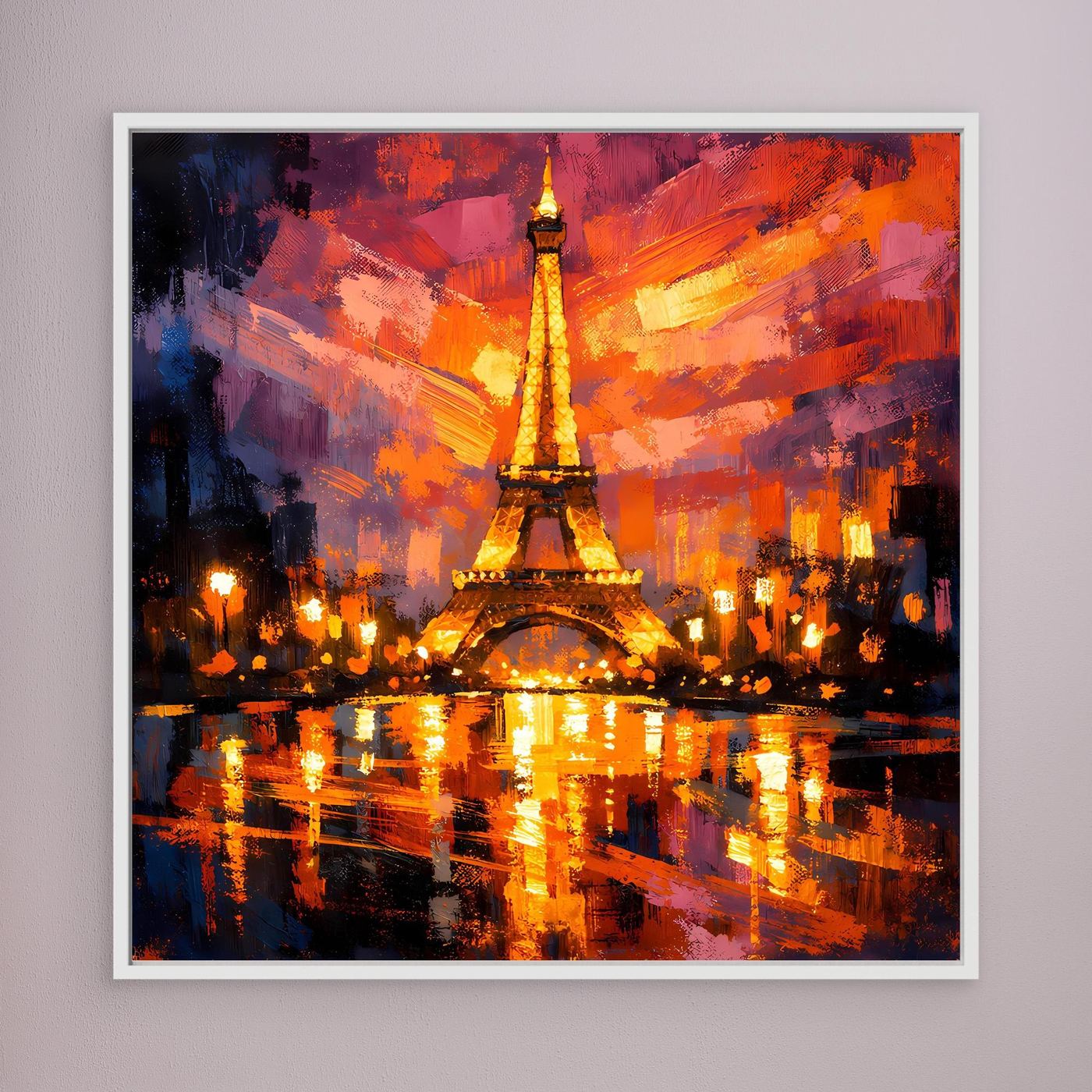 Leinwandbild mit abstraktem Eiffelturm bei Nacht, leuchtend gelbe Lichter und Reflexe
