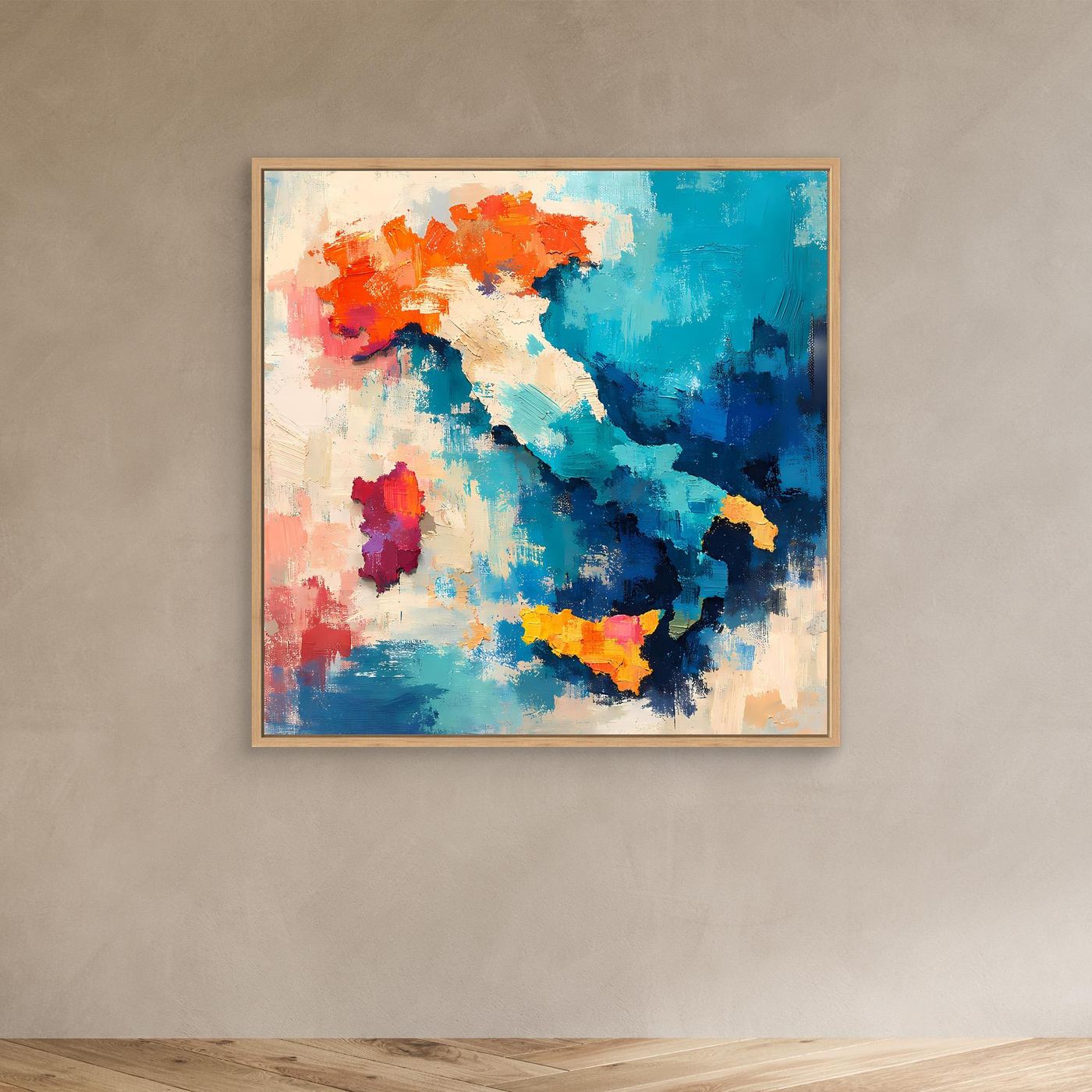 Abstract Italy map wall canvas with blue and orange accents in oak frame