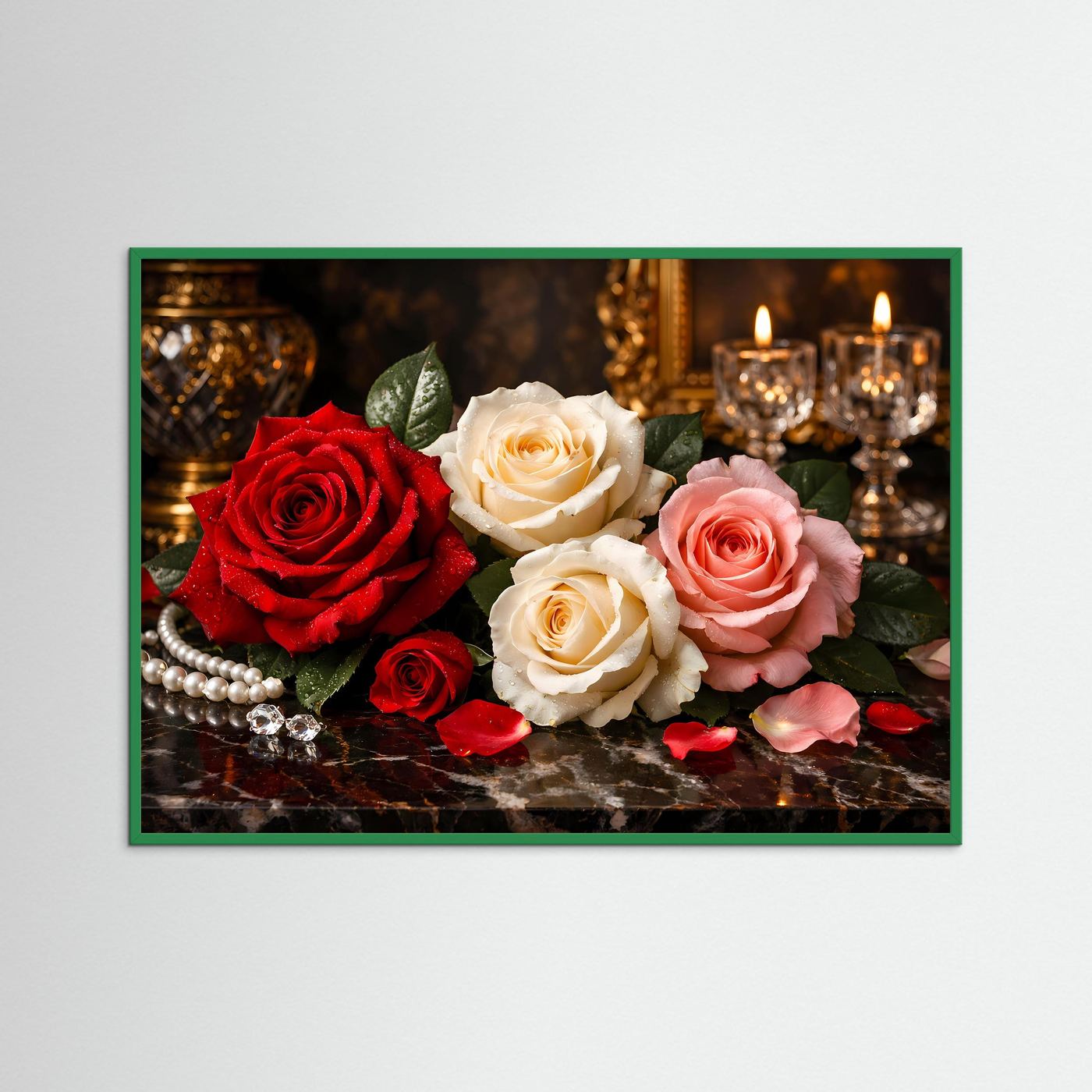 Blumenposter mit roten, weißen und rosafarbenen Rosen, Kerzen und Perlen; grüner Rahmen