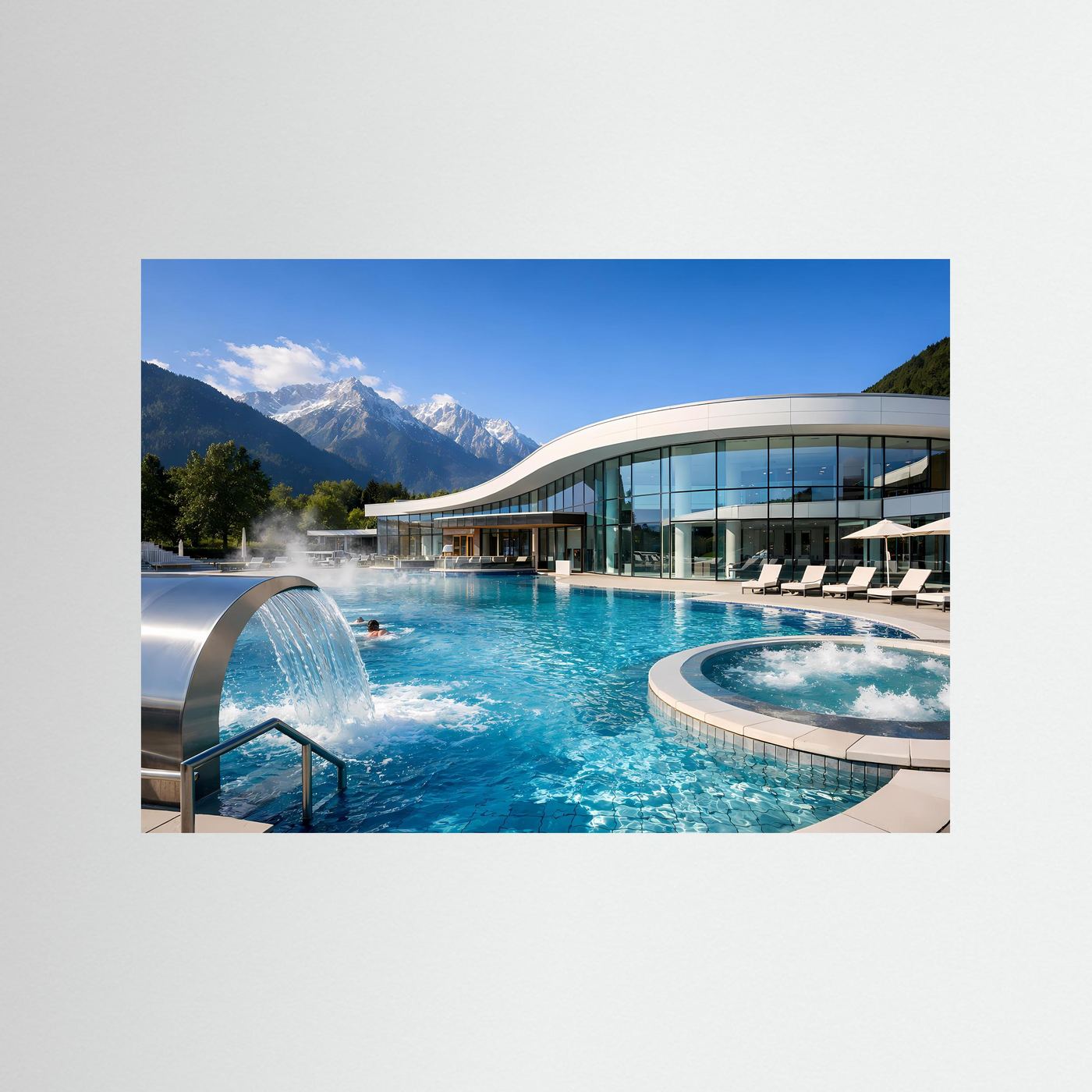 Poster im Querformat mit Pool und Fontäne, Glasfassade und scharfer Bergkulisse