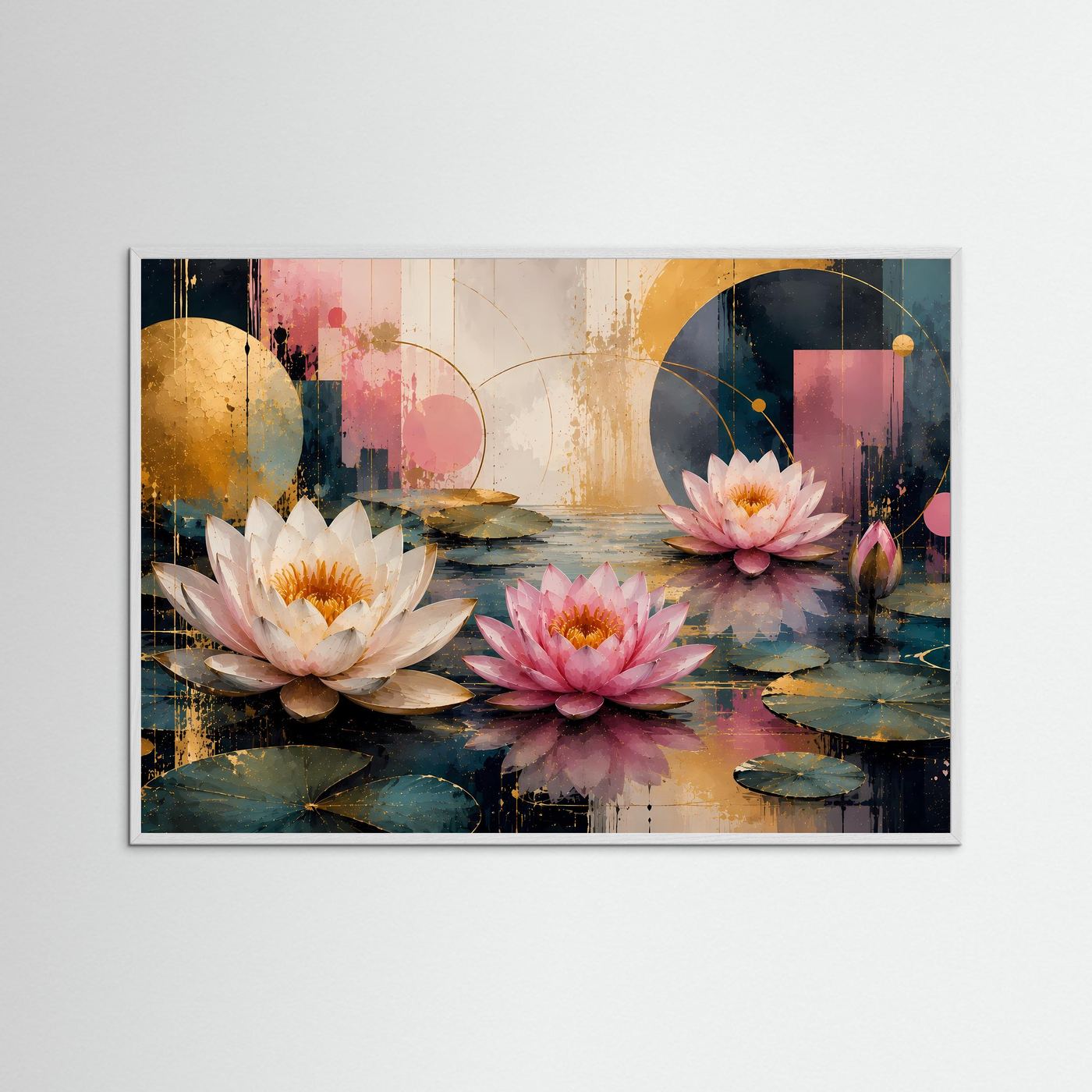 Gerahmtes abstraktes Bild mit Wasserrosen, Reflexionen und goldenen Linien im Teich