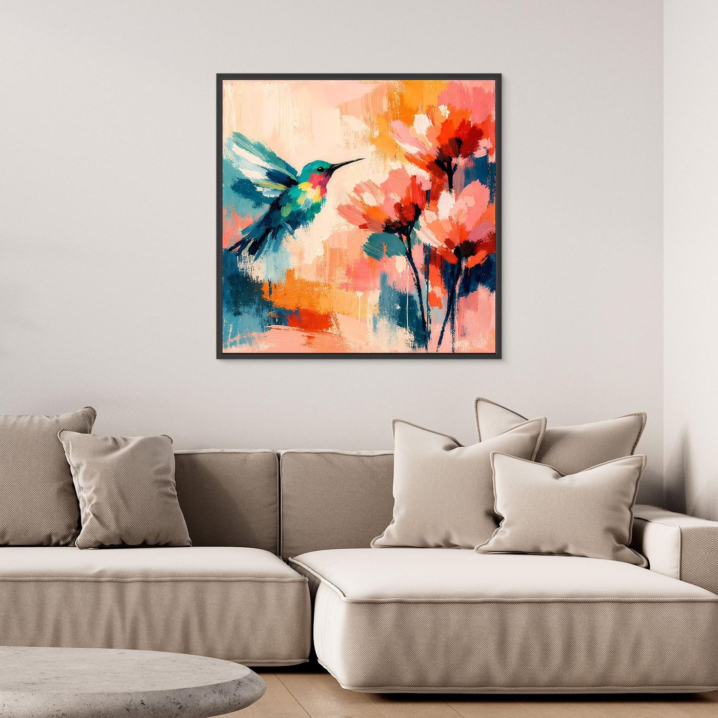 Abstract hummingbird canvas wall art with colorful flower blooms in black frame