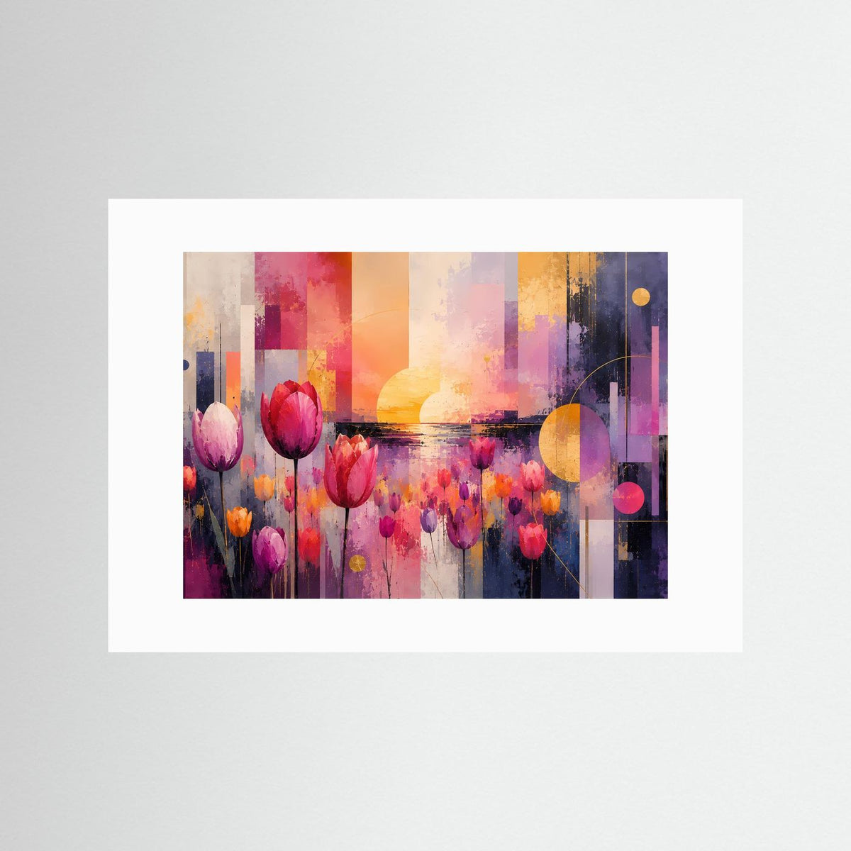 Abstraktes Tulpenfeld-Poster mit weißem Passepartout, Querformat, Tulpen in Pink und Violett