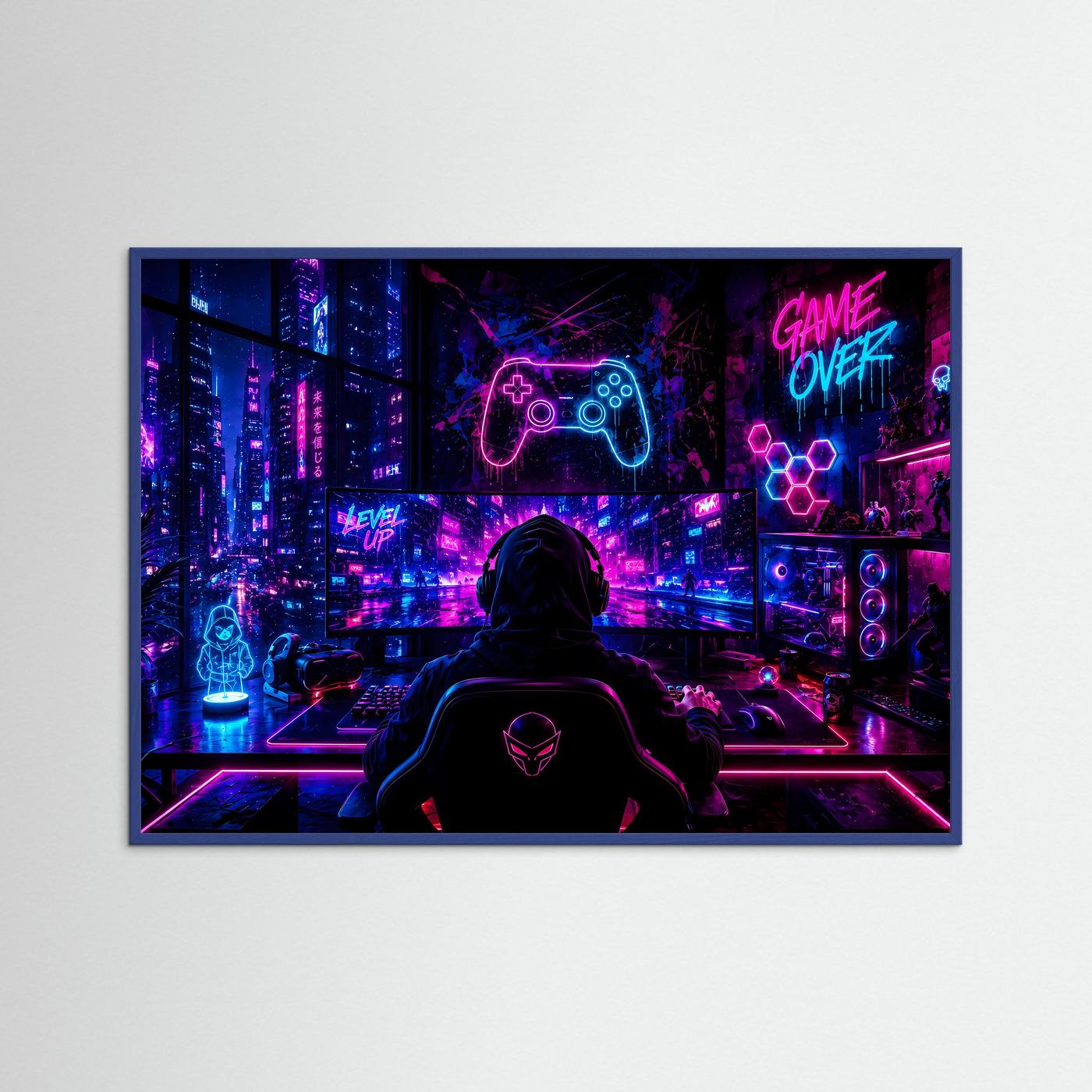 Gaming Setup Poster | Cyberpunk Gamer Zimmer mit Neon RGB Beleuchtung | Futuristische Gaming Wandkunst