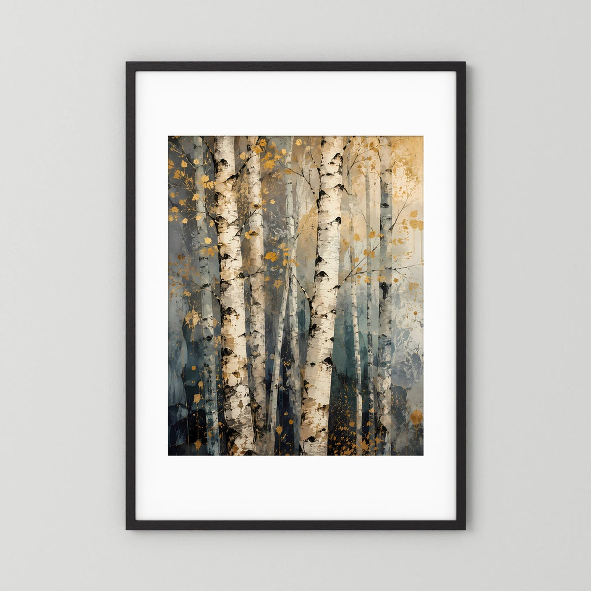 Hochformatiger Posterprint mit abstrakten Birkenstämmen in Beige, Grau und Blau, schwarzer Rahmen
