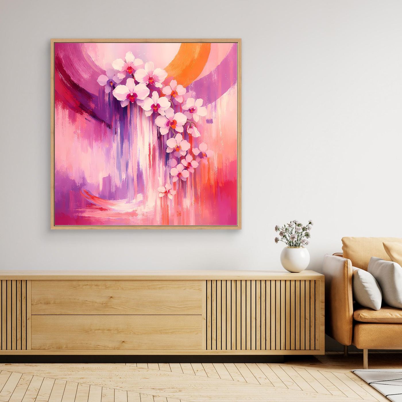 Gerahmtes quadratisches Leinwandbild mit abstrakten Orchideenblüten in Pink- und Orangetönen
