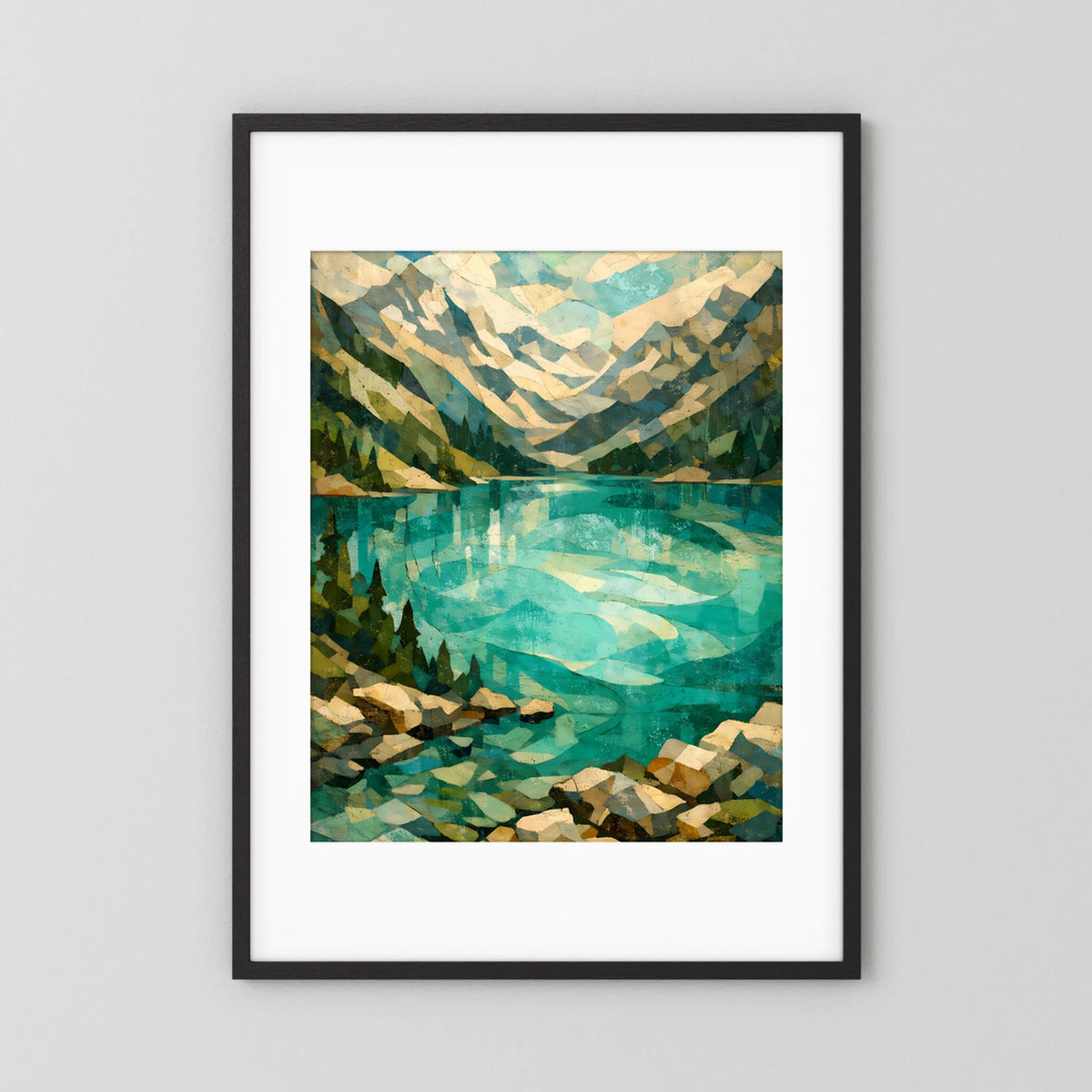 Kunstposter im Hochformat mit abstrakter Alpenlandschaft und türkisfarbener Spiegelung, schwarz mit weißem Rand
