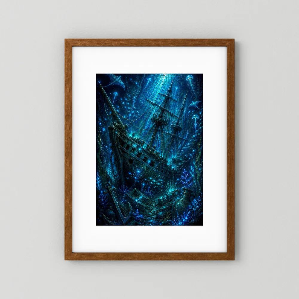 Kunstposter mit Geisterschiff-Motiv, leuchtend blau, im braunen Holzrahmen