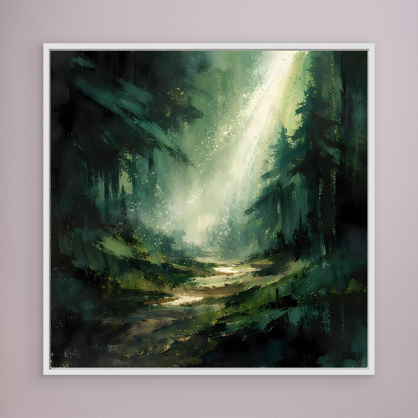 Leinwand Magischer Lichtstrahl im Wald | Abstraktes Tannenwald Wandbild Grün
