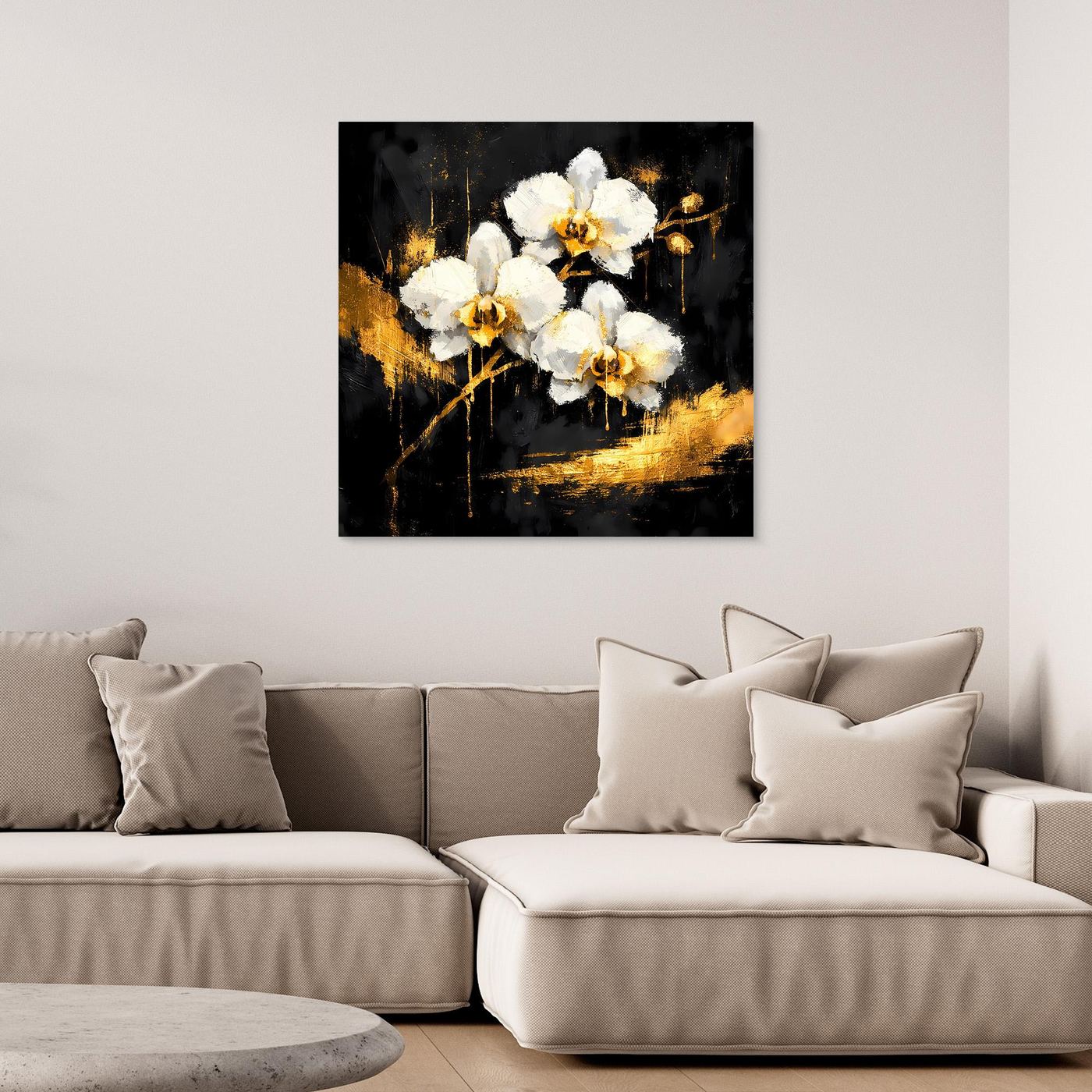 Leinwand Elegante Orchideen in Gold und Schwarz | Modernes Florales Luxus Wandbild