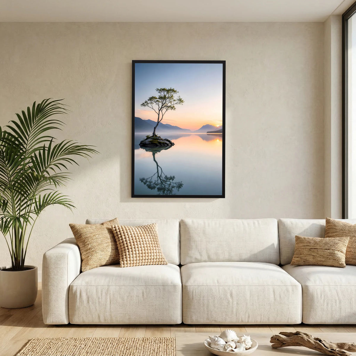 Poster im Hochformat mit einsamem Baum auf Felsen im schwarzen Rahmen
