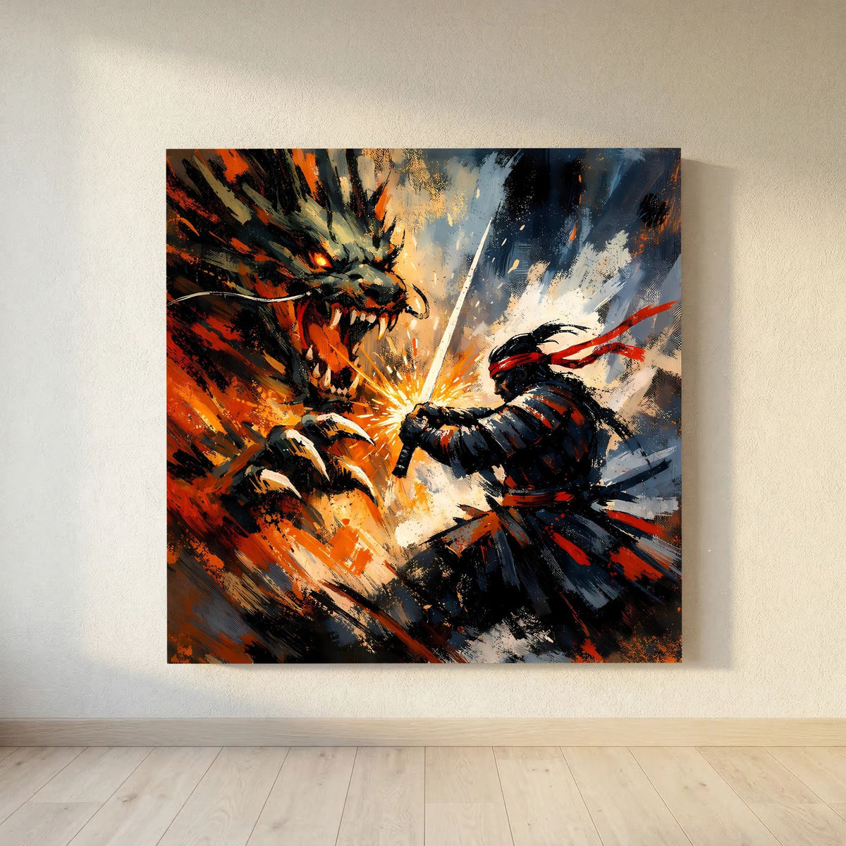 Leinwand-Wandbild: Samurai schlägt mit Schwert gegen Drachenkopf, orange-rote und blaue Akzente