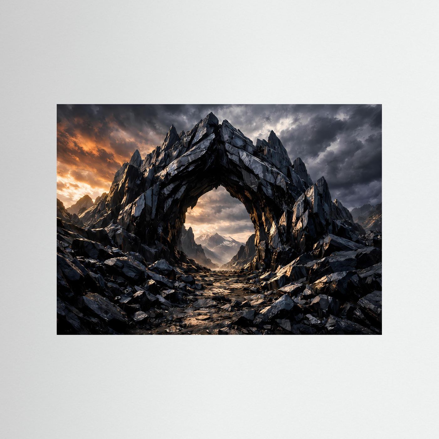 Fantasy-Poster mit Felsbogen aus dunklem Gestein in einer gebirgigen Landschaft