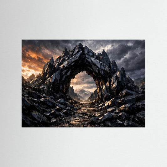 Fantasy-Poster mit Felsbogen aus dunklem Gestein in einer gebirgigen Landschaft