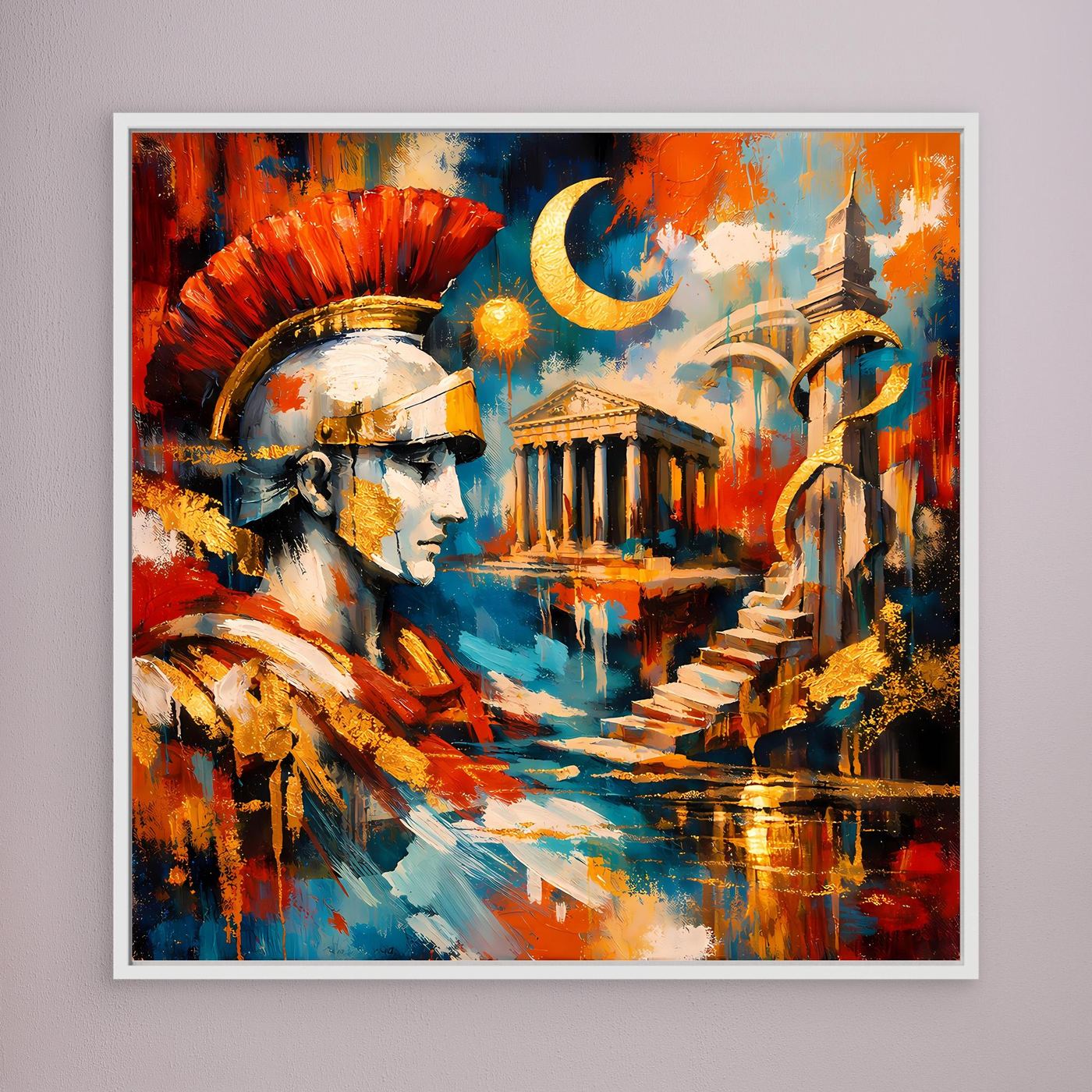 Leinwandbild mit römischem Zenturio, abstrakter Stil in Rot, Blau und Gold