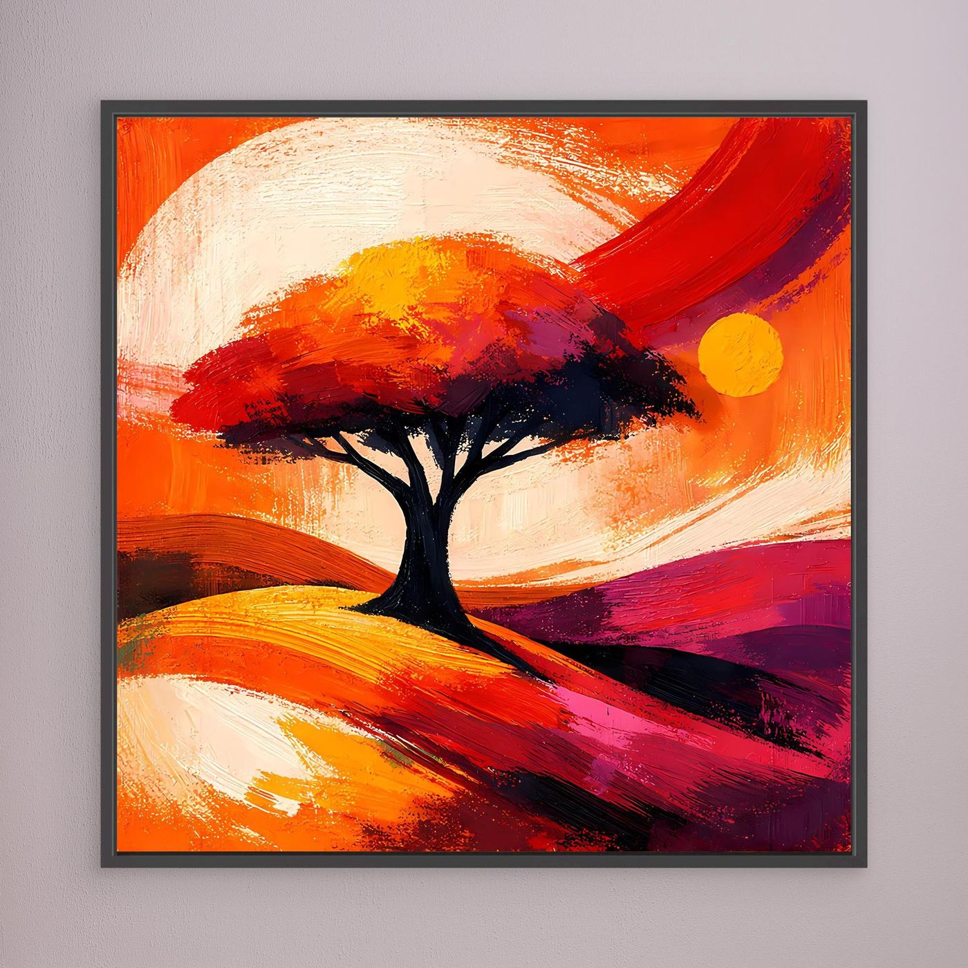 Quadratisches Leinwandbild mit abstraktem Baum in Orange-Rot, schwarzer Rahmen