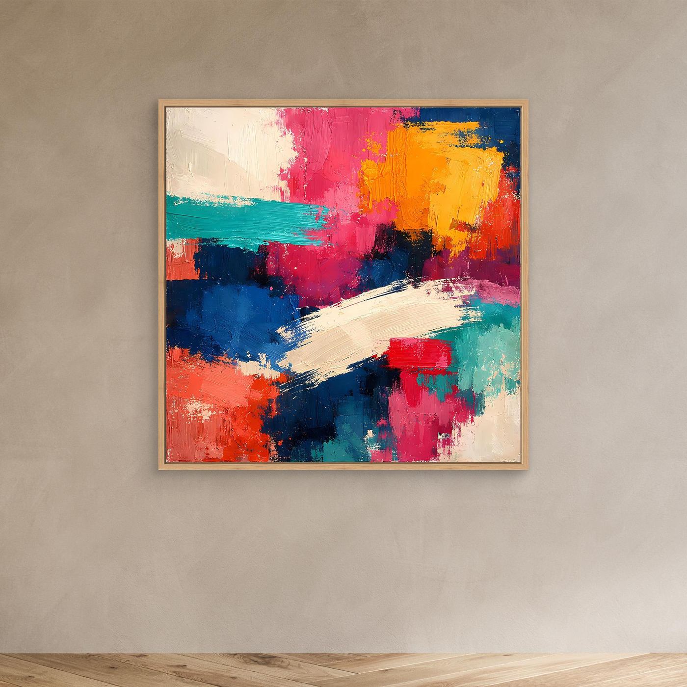Abstraktes Leinwandbild mit Farbstrichen und -flecken in Pink, Blau, Gelb und Türkis im Eichenrahmen