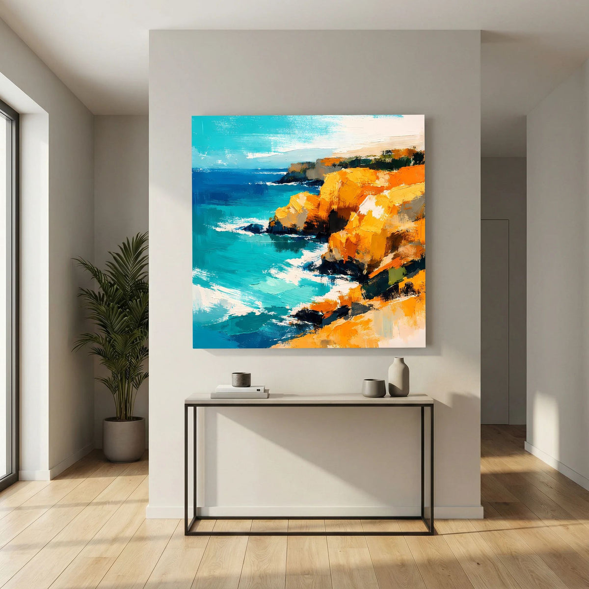 Leinwand Abstraktes Steilküsten Gemälde | Modernes Mediterranes Meeres Wandbild Blau Gelb