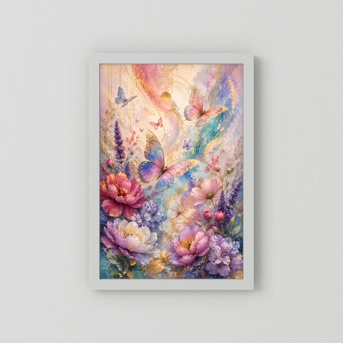 Hochformat-Poster mit Schmetterlingen und Blütenranken, pastellfarben, weißer Rahmen