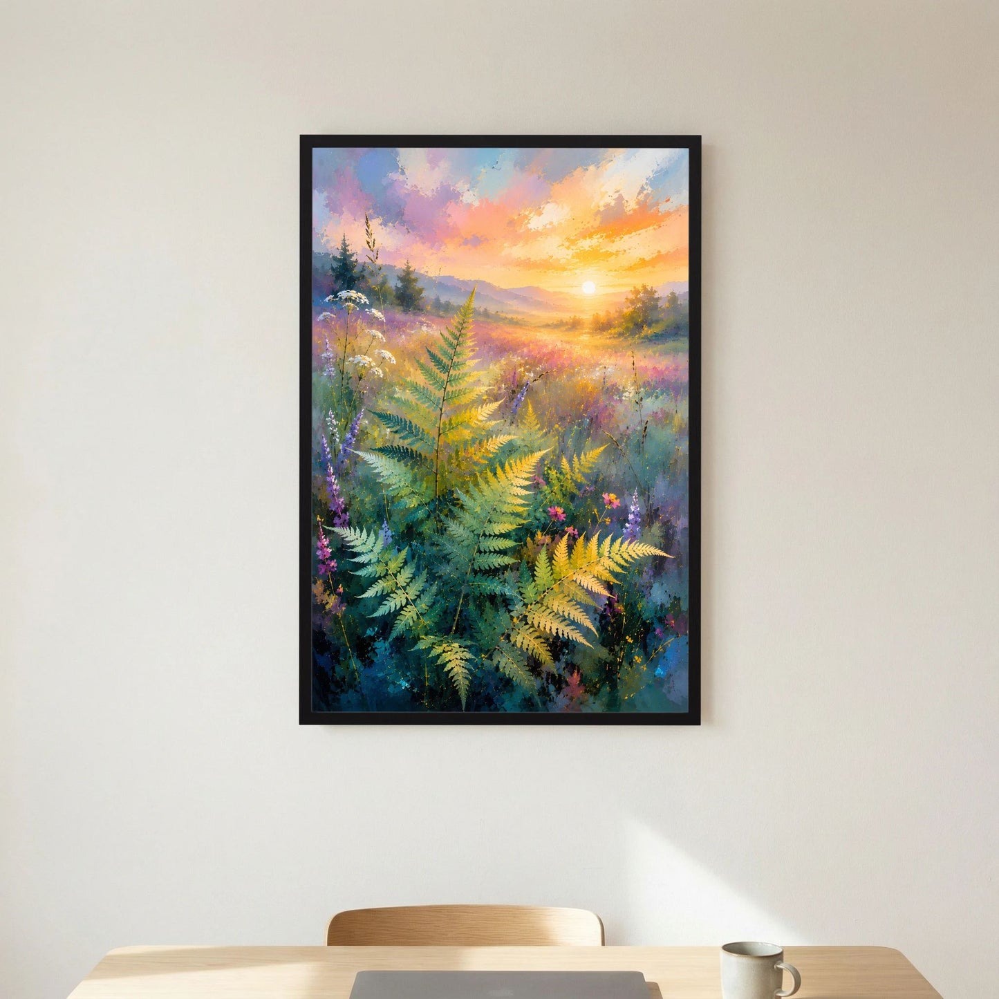 Hochformatiges Poster mit abstrakten Farnblättern in Pastellfarben und heller Sonne, schwarzer Rahmen