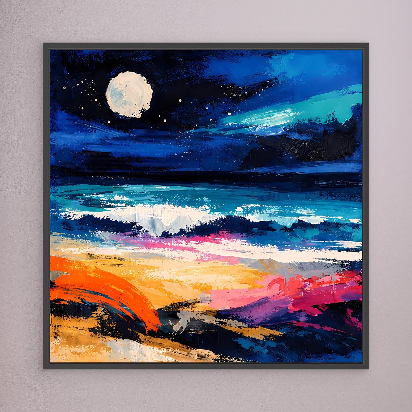 Wandbild mit abstraktem Küstenmotiv: Vollmond über dem Meer, bunte Farbstreifen in Blau und Orange, anthrazit gerahmt.