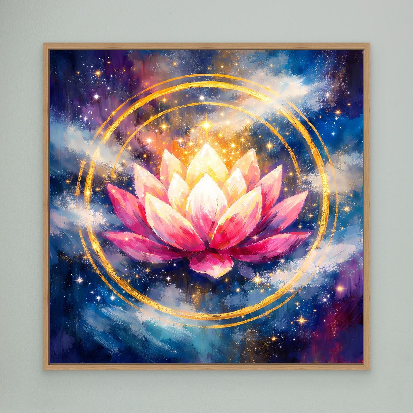Wandbild mit großer Lotusblüte, goldenen Kreisen und Sternen im Kosmos, Eichenrahmen