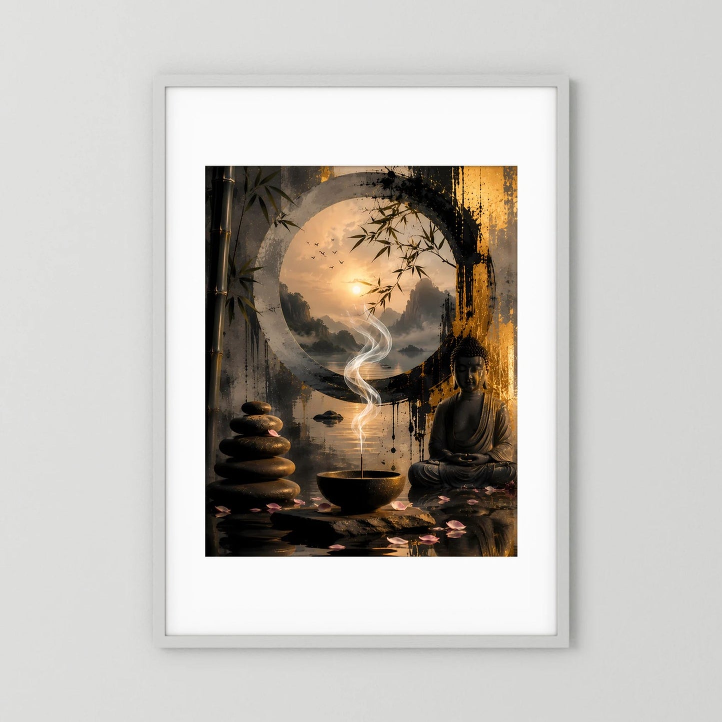 Poster mit weißem Passepartout: sitzender Buddha, Kreislandschaft, Rauchfahne und Teeschale