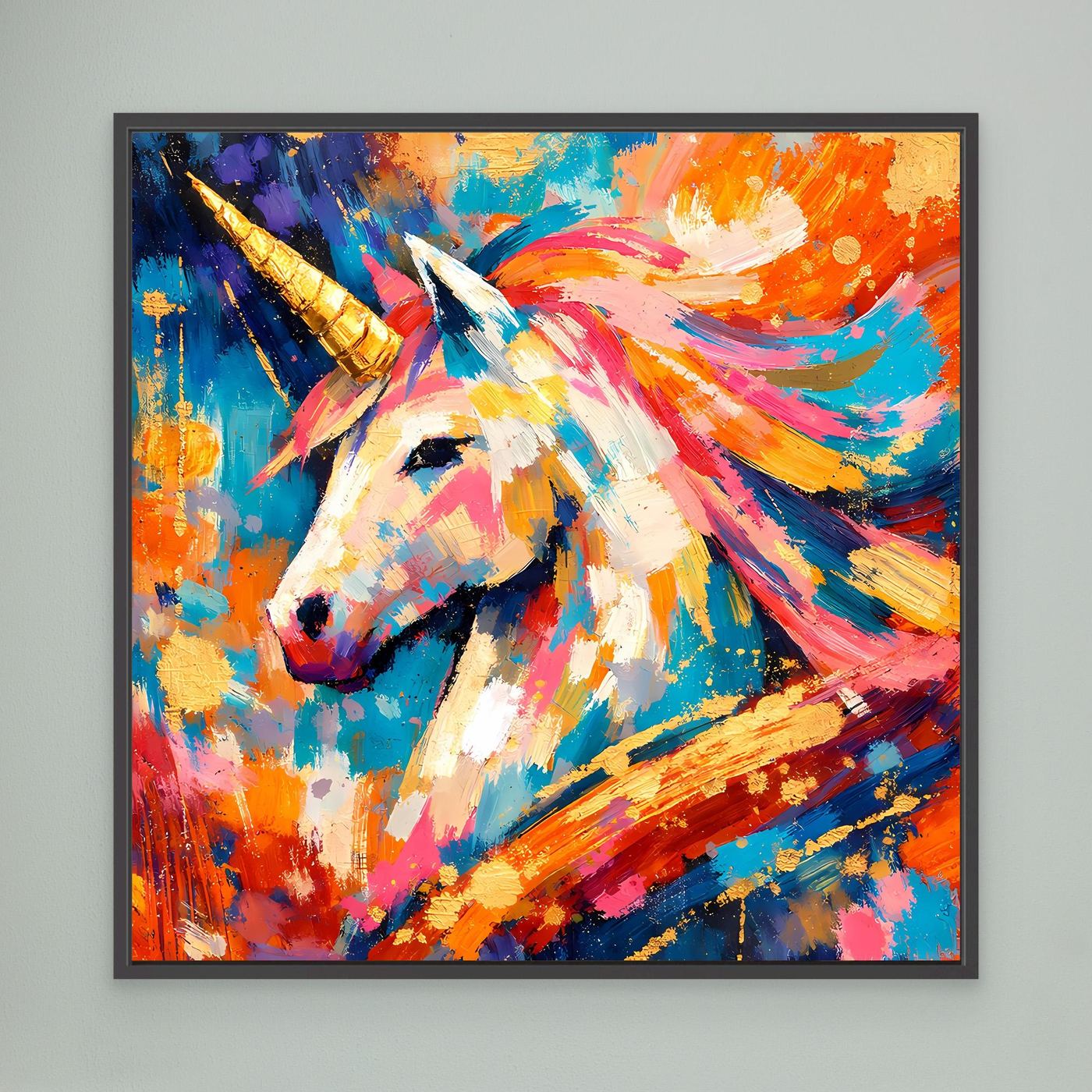 Leinwandbild mit abstraktem Einhornmotiv im weißen Rahmen, bunte Pinselstriche