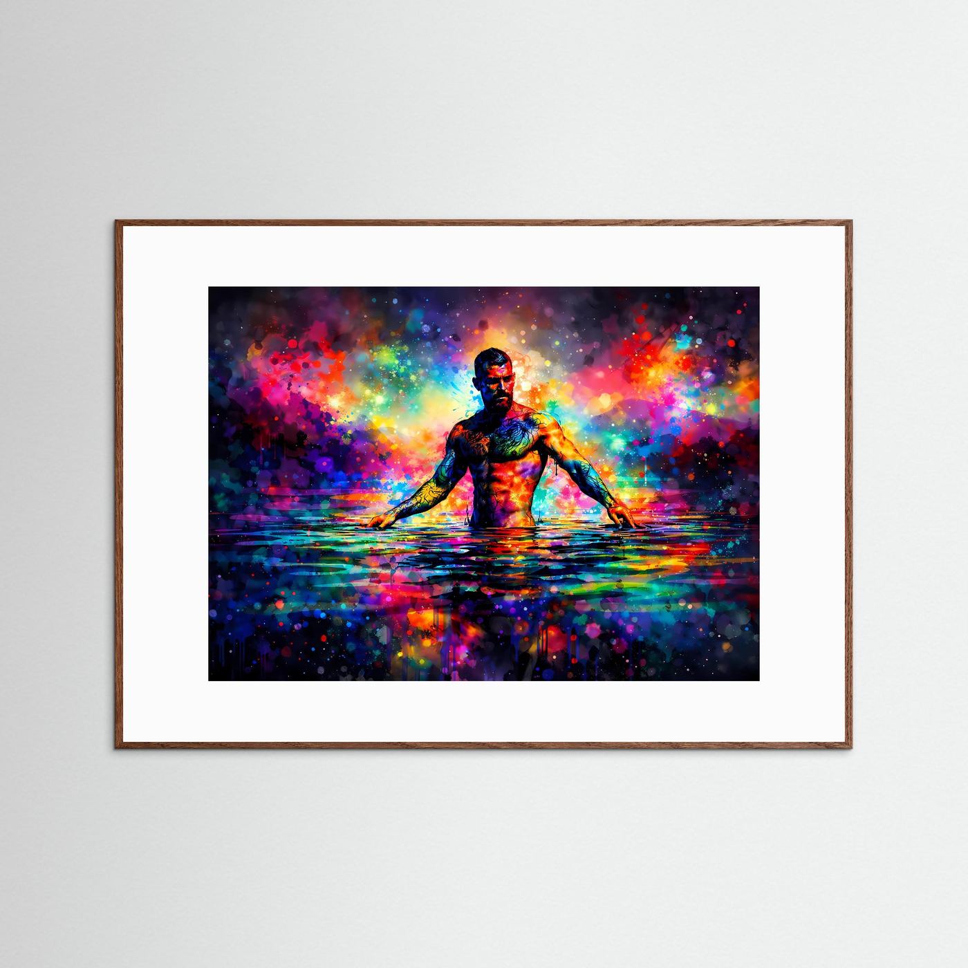 Querformat-Poster: Person im Wasser, abstraktes Farbkunstmotiv mit leuchtenden Farben; dunkelbrauner Rahmen