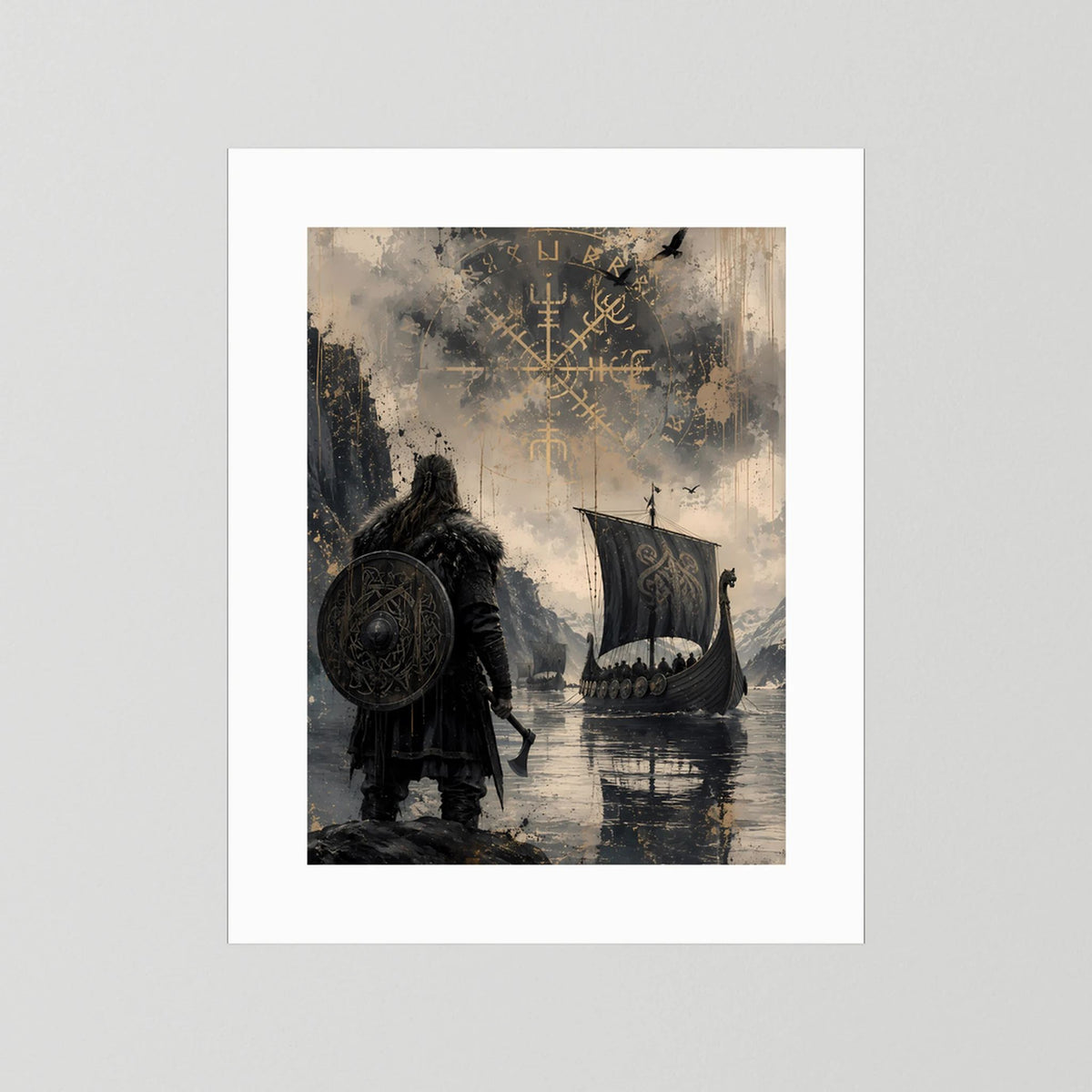 Poster im Hochformat mit weißem Rand: Wikinger-Krieger, Langschiff und Runen