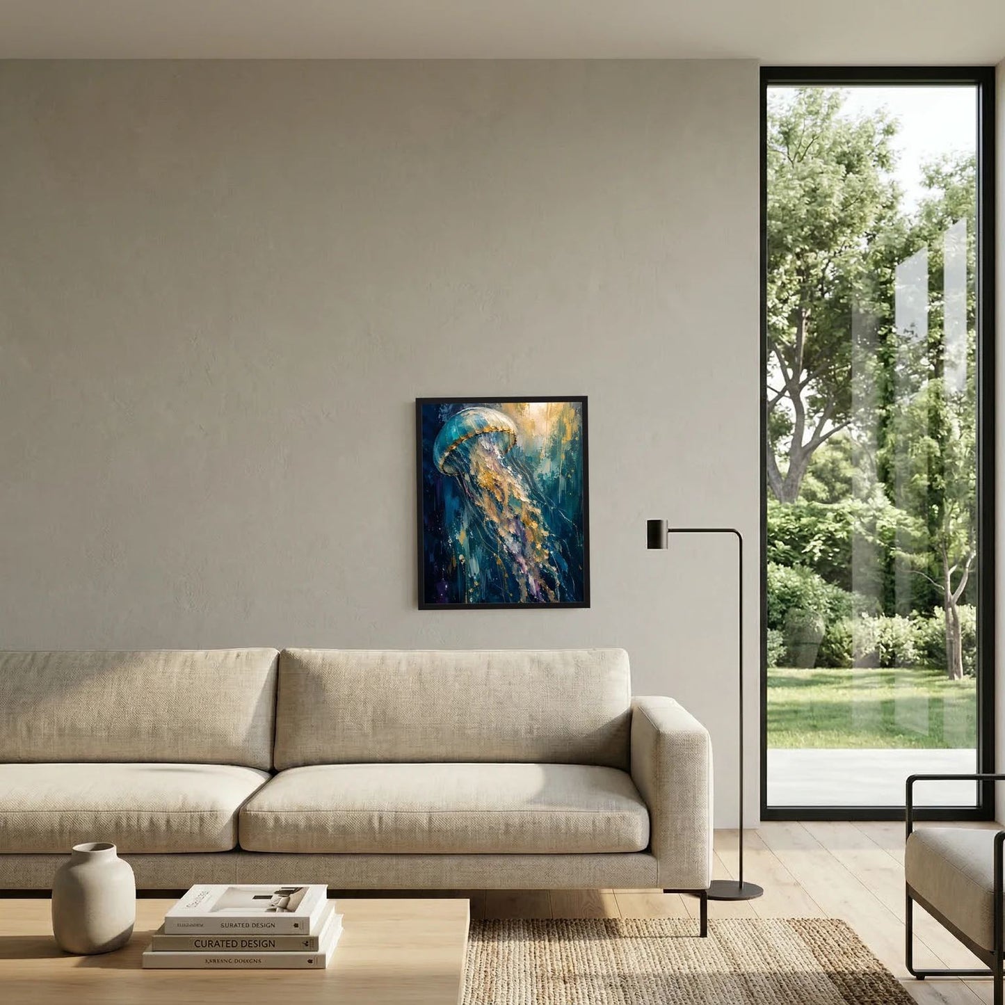 Gerahmtes Poster mit abstrakter Qualle in Blau und Gold an Sofa-Wand