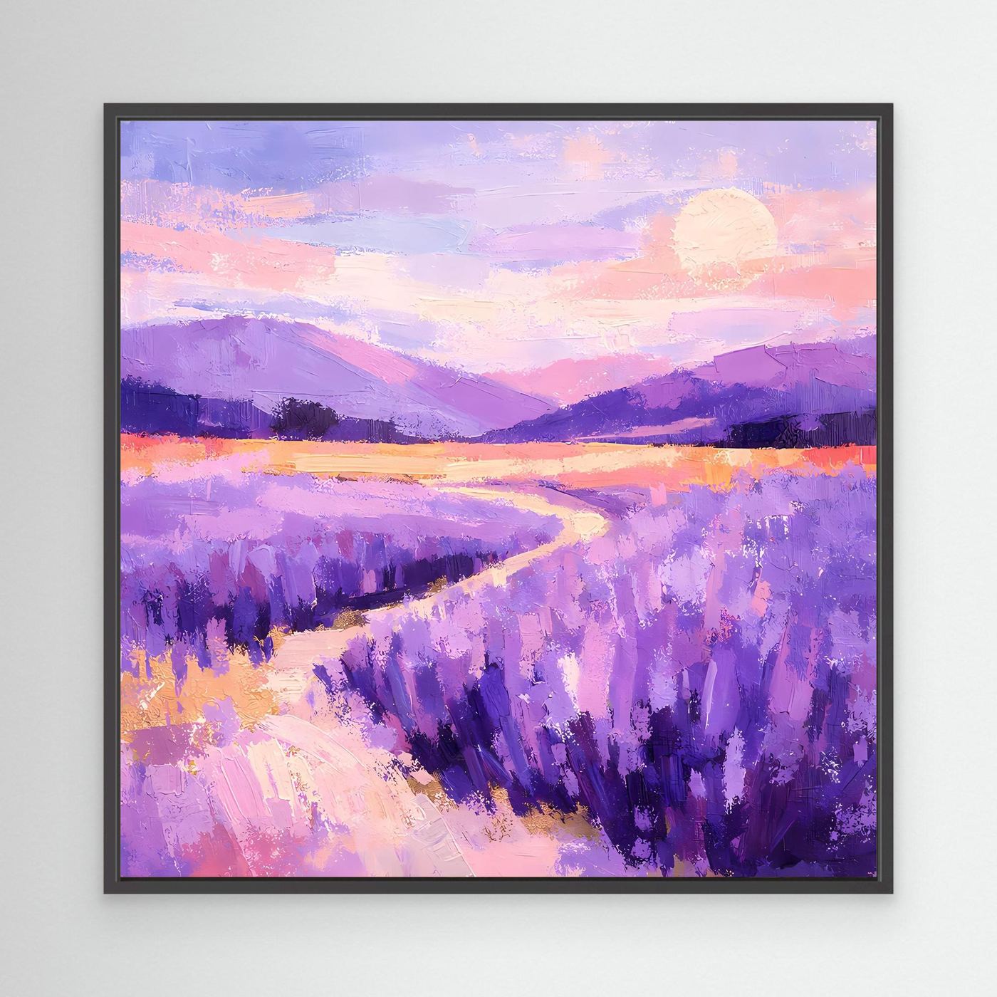 Abstraktes Leinwand-Wandbild mit schwarzem Rahmen: Lavendelfeld, lila Wege, Sonne